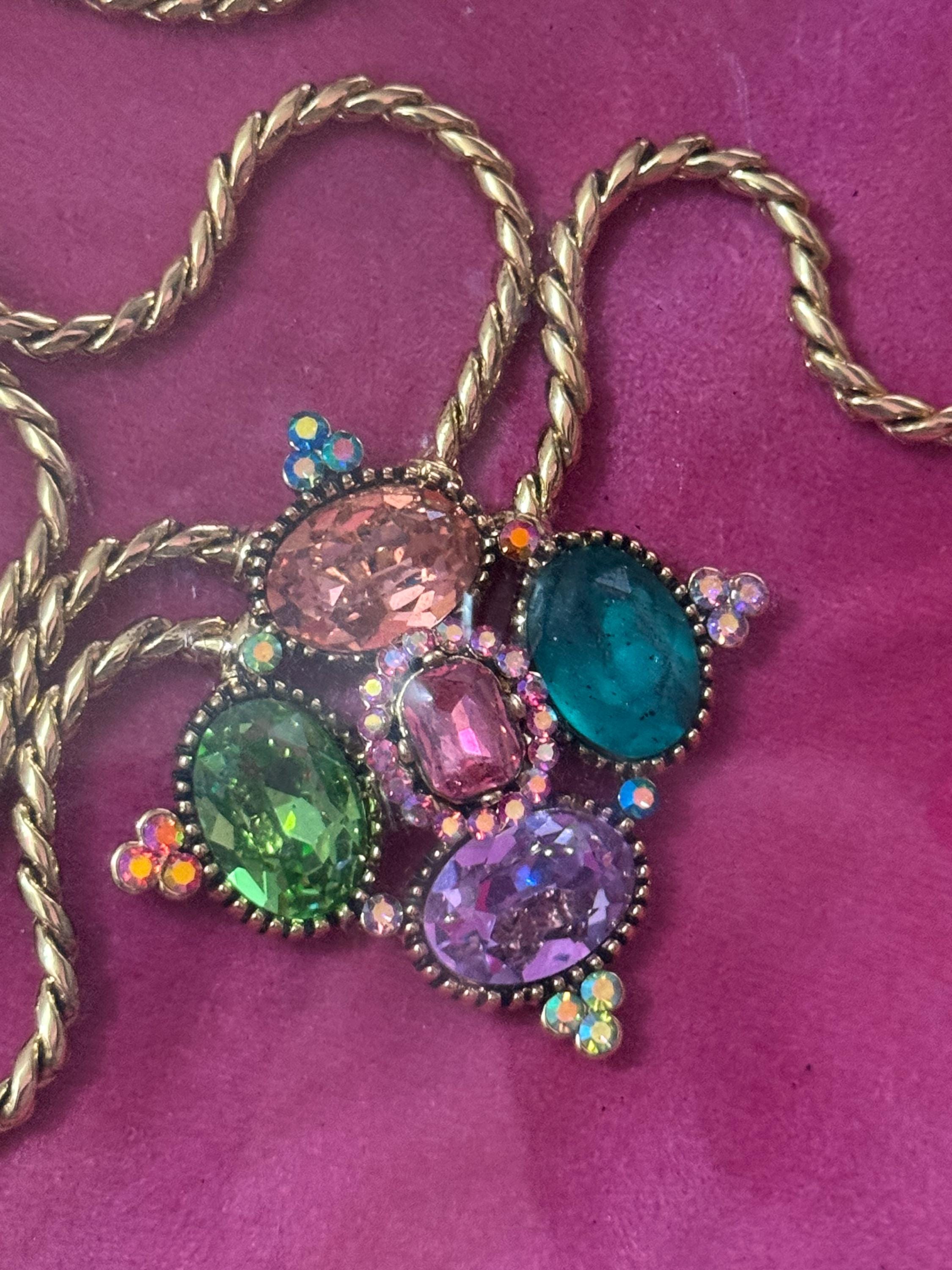 Signed sealed boxed B&W butler and Wilson medieval style rhinestone gold plated double chain pendant necklace with blue green pink crystals