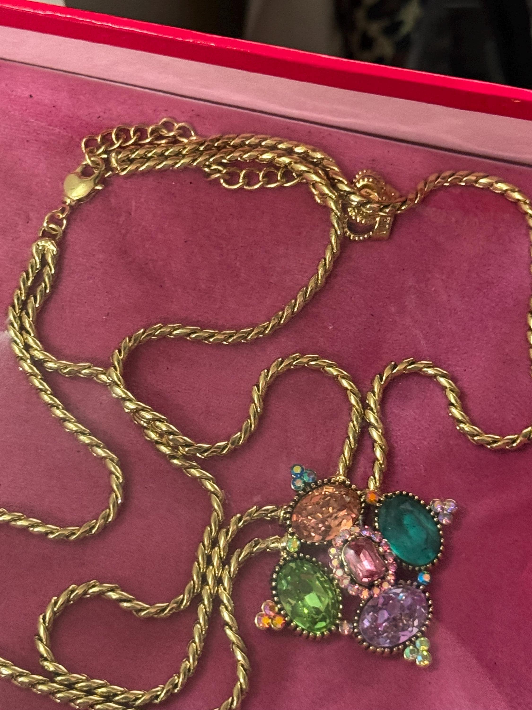 Signed sealed boxed B&W butler and Wilson medieval style rhinestone gold plated double chain pendant necklace with blue green pink crystals