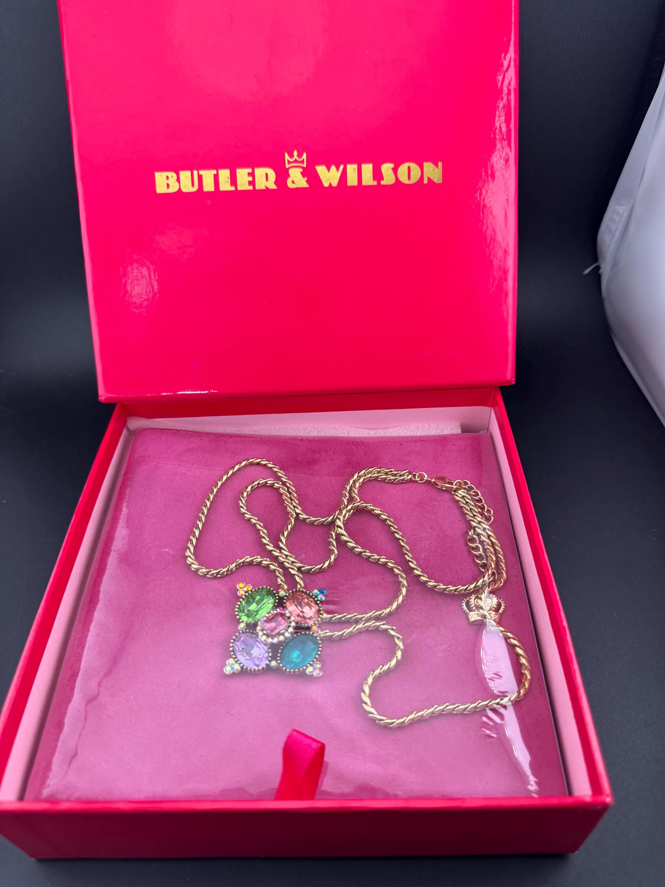 Signed sealed boxed B&W butler and Wilson medieval style rhinestone gold plated double chain pendant necklace with blue green pink crystals