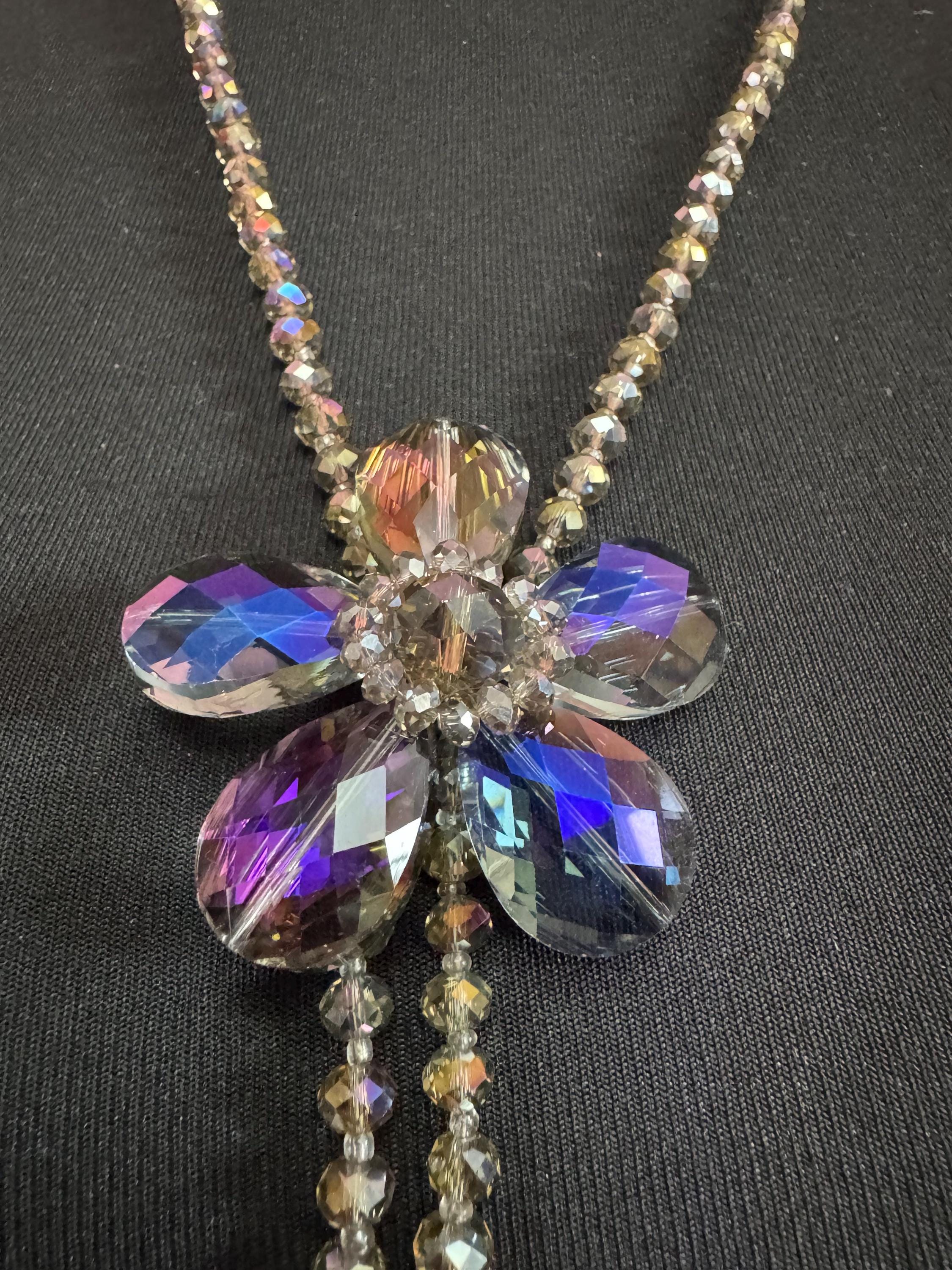 Oversized purple rainbow glass greay faceted beaded long floral drop necklace 67cm