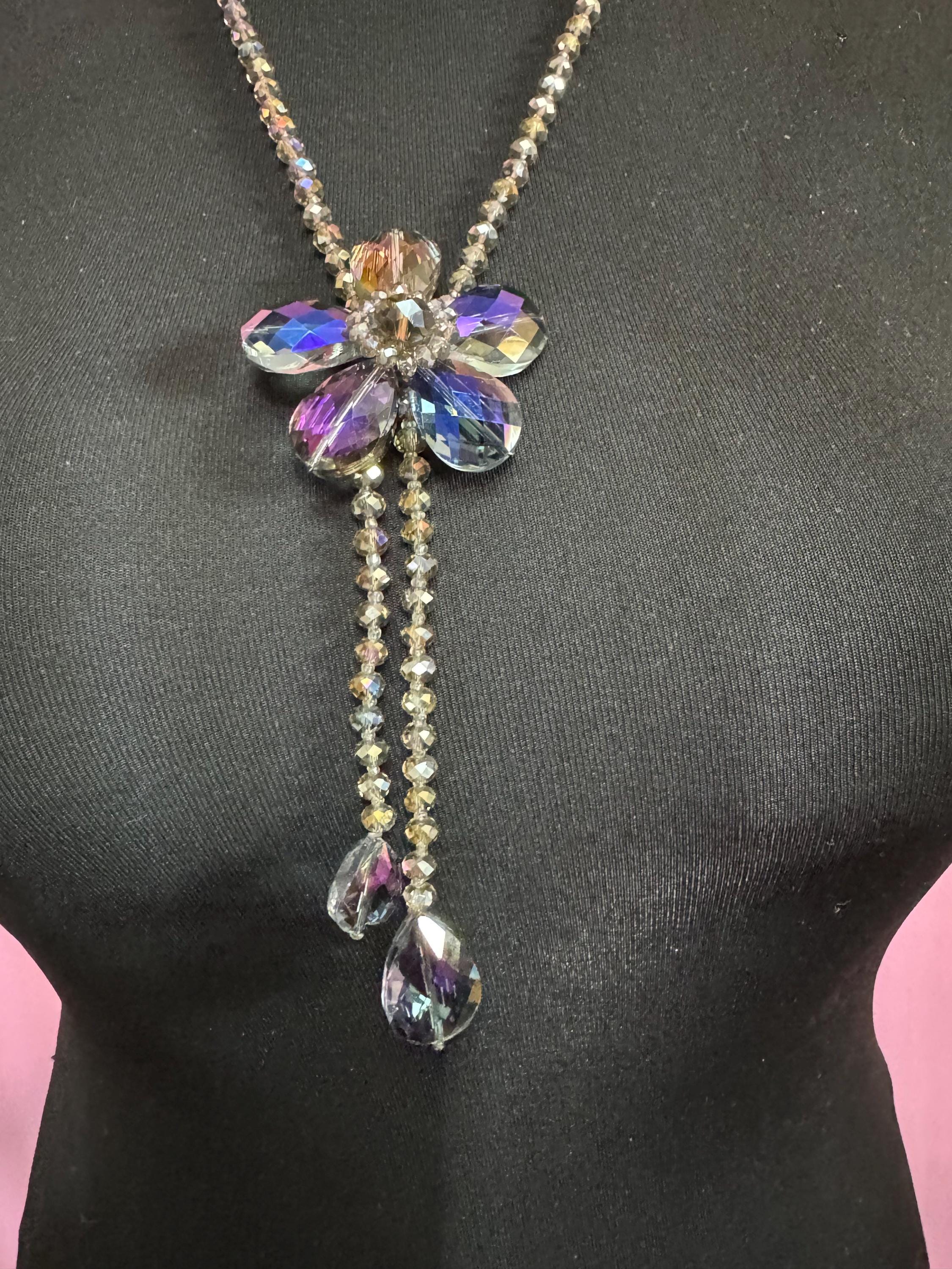 Oversized purple rainbow glass greay faceted beaded long floral drop necklace 67cm