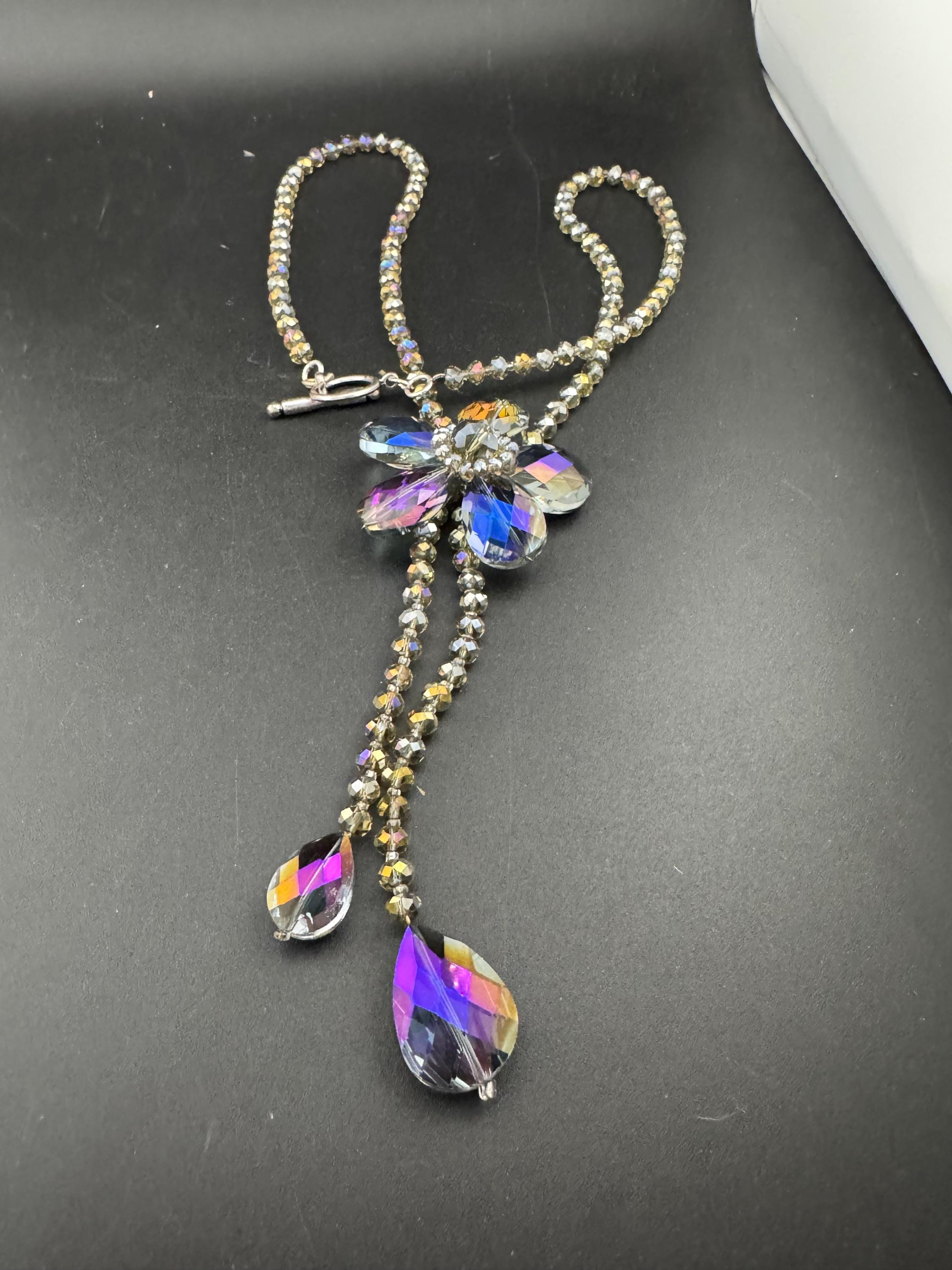 Oversized purple rainbow glass greay faceted beaded long floral drop necklace 67cm