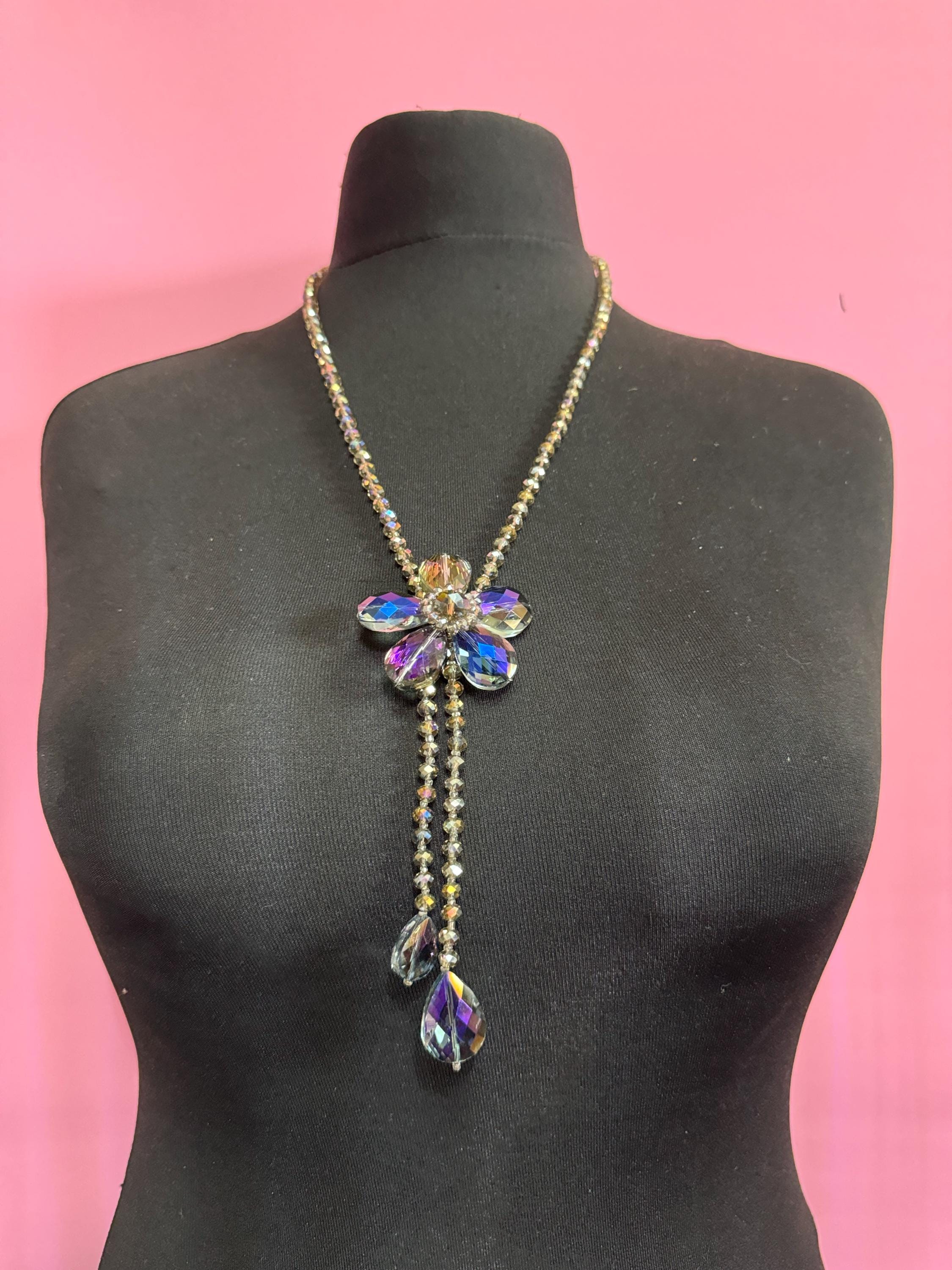 Oversized purple rainbow glass greay faceted beaded long floral drop necklace 67cm