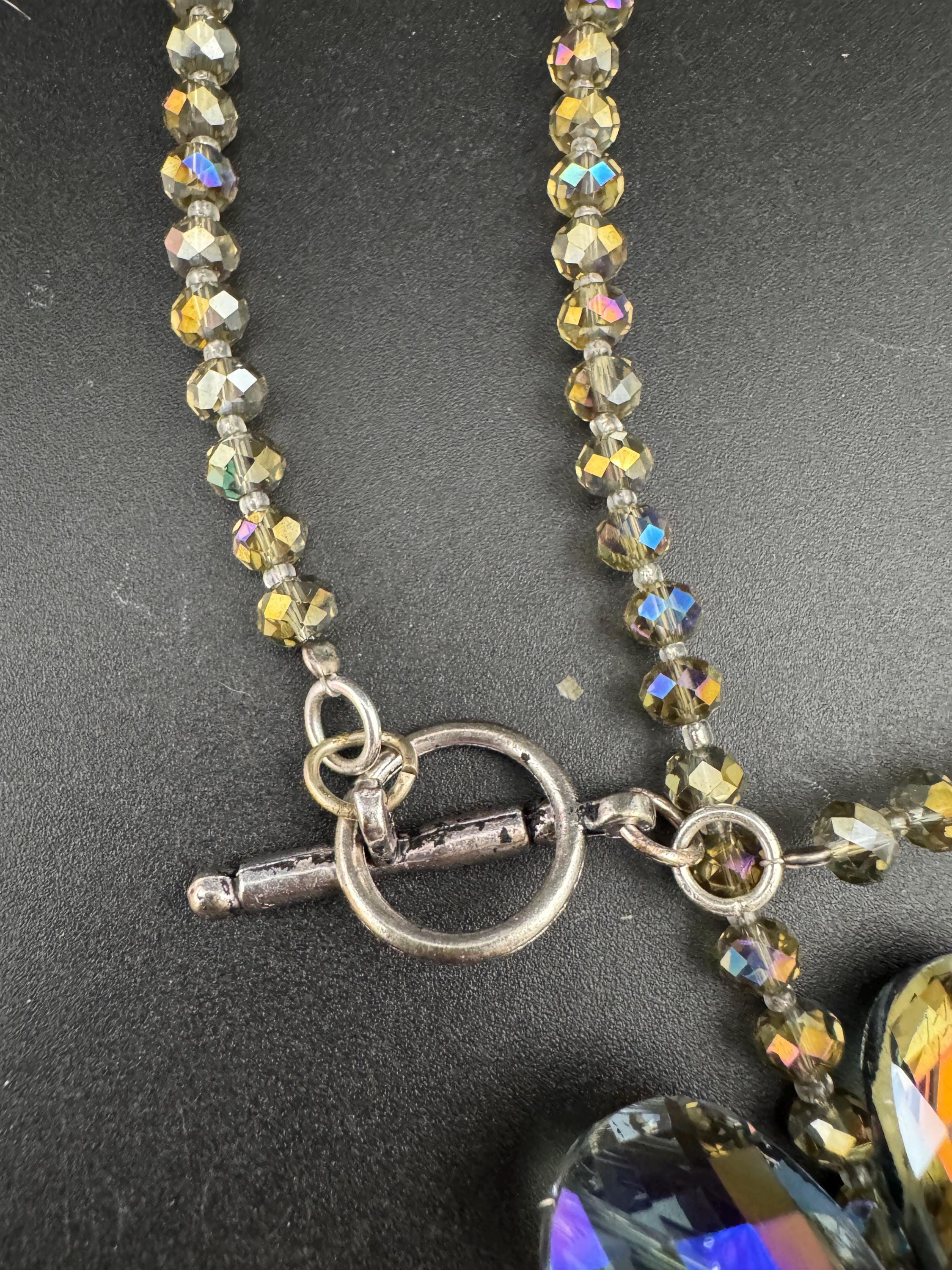 Oversized purple rainbow glass greay faceted beaded long floral drop necklace 67cm
