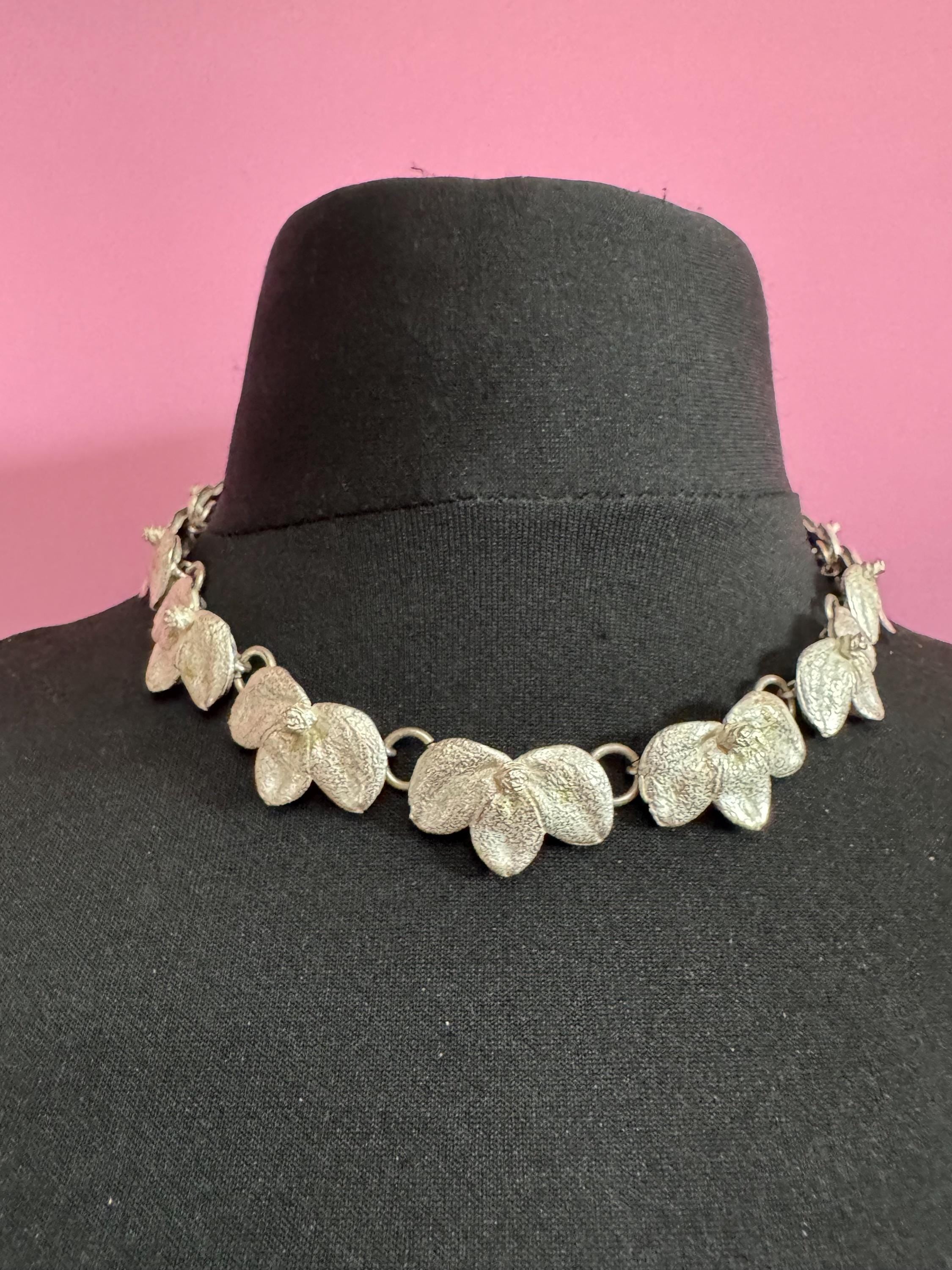 Vintage Charles Duret Modernist Necklace & Clip On Earrings: Matte Silver Tone