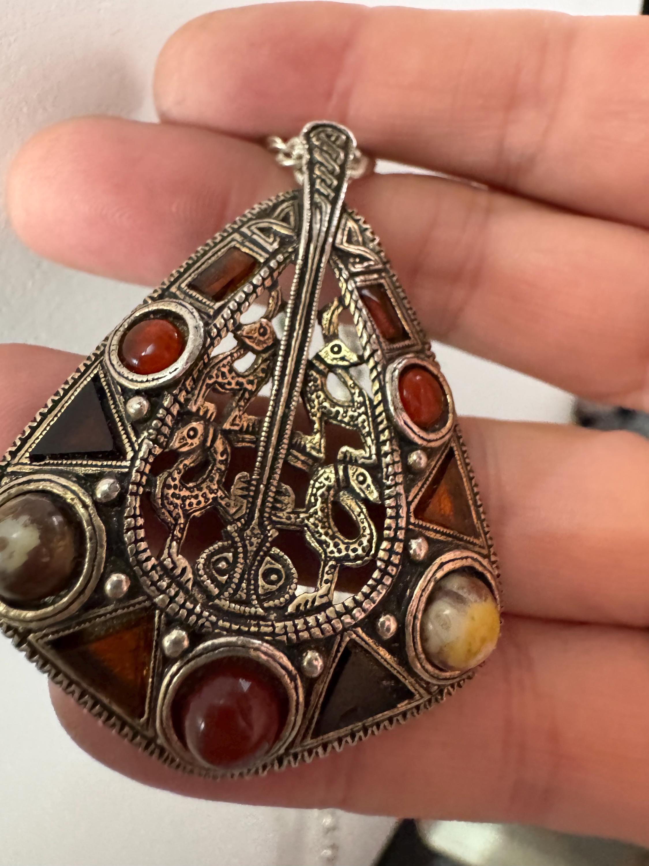 Signed Miracle snake pendant, vintage orange brown cabochons Scottish Celtic necklace silver tone