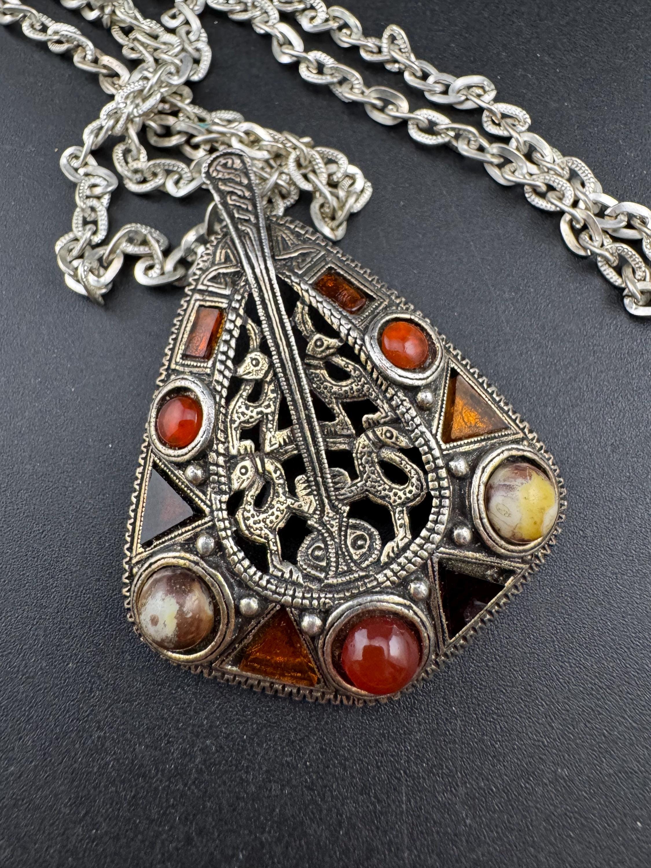 Signed Miracle snake pendant, vintage orange brown cabochons Scottish Celtic necklace silver tone