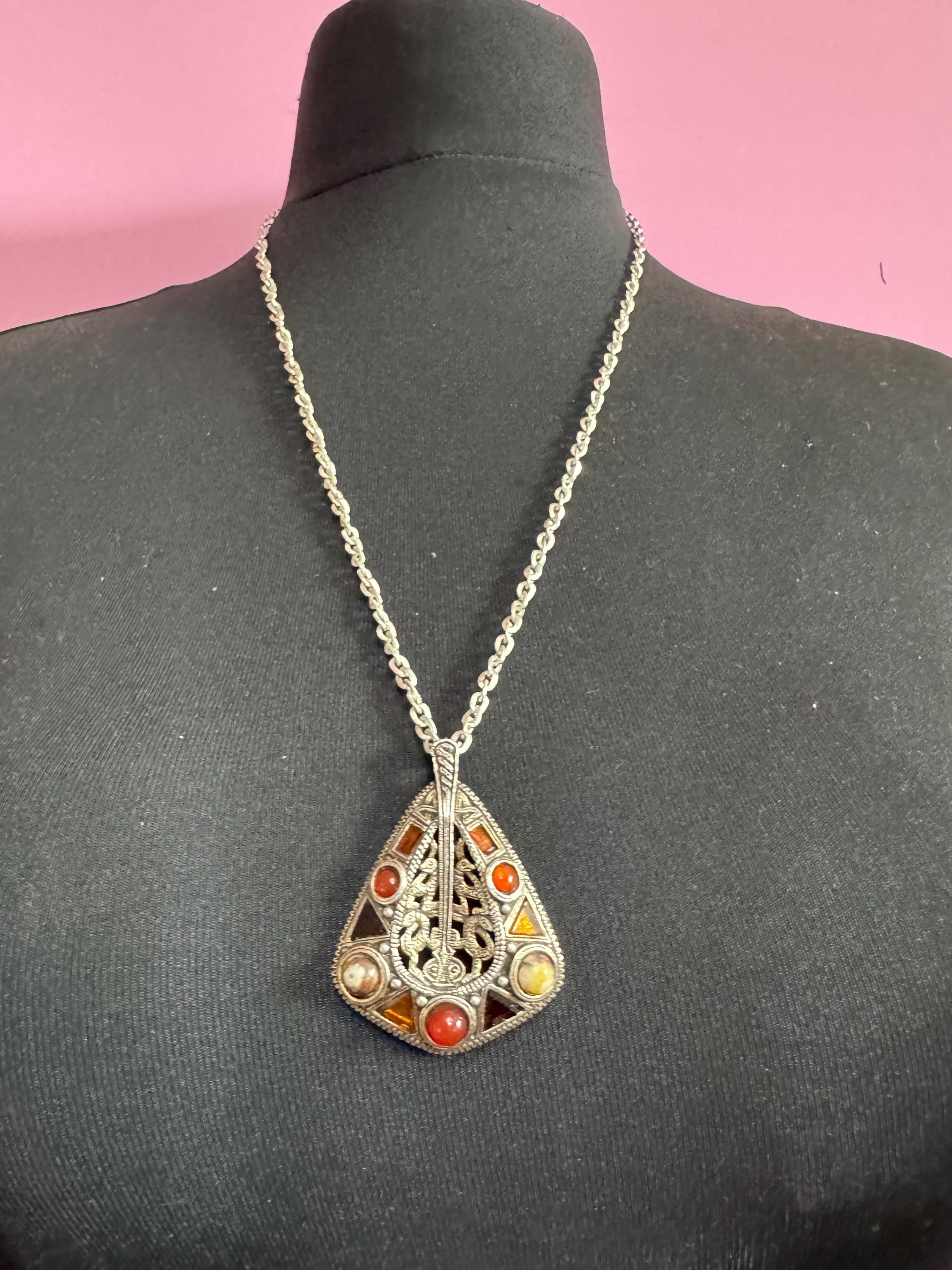 Signed Miracle snake pendant, vintage orange brown cabochons Scottish Celtic necklace silver tone