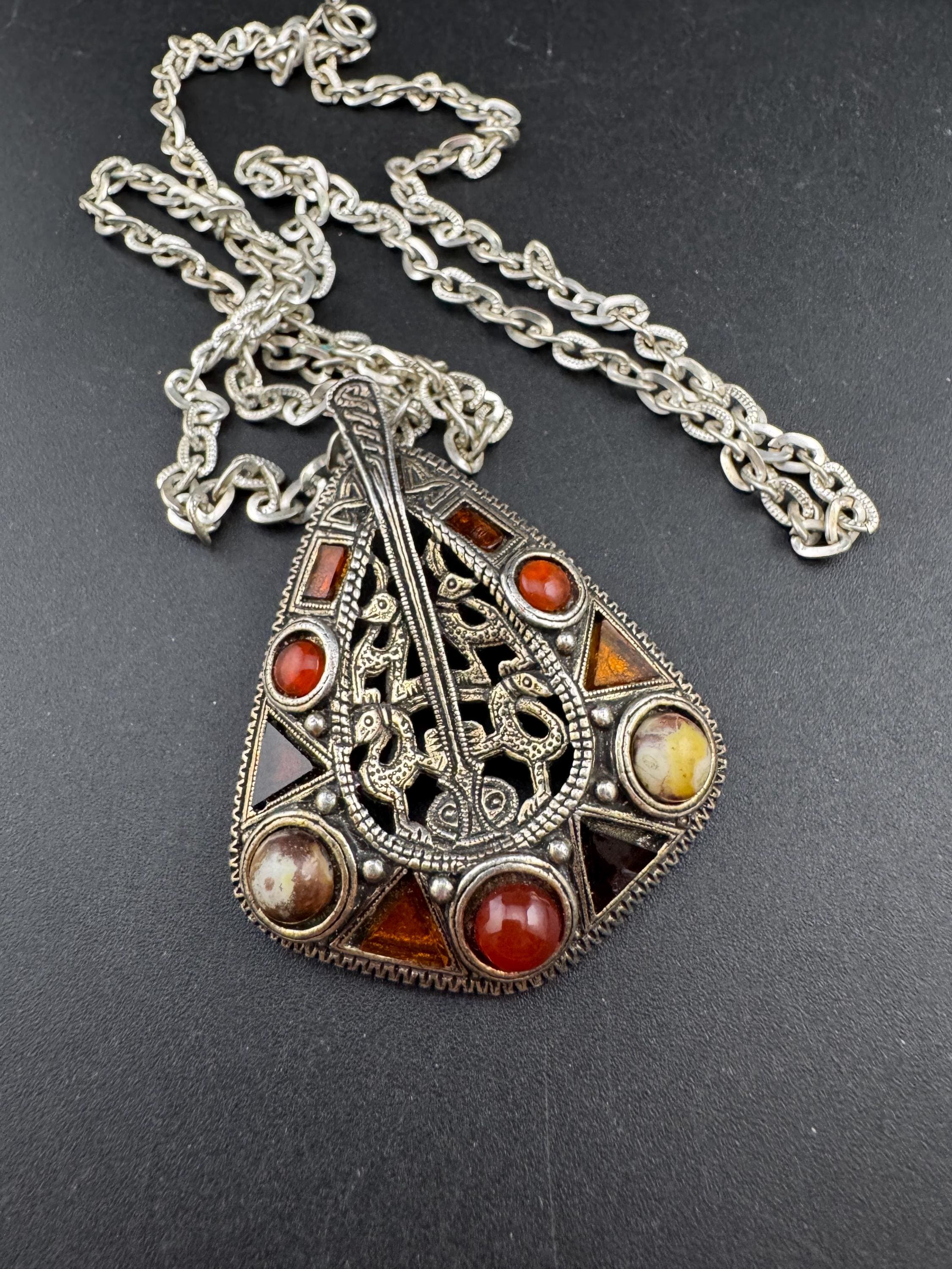 Signed Miracle snake pendant, vintage orange brown cabochons Scottish Celtic necklace silver tone