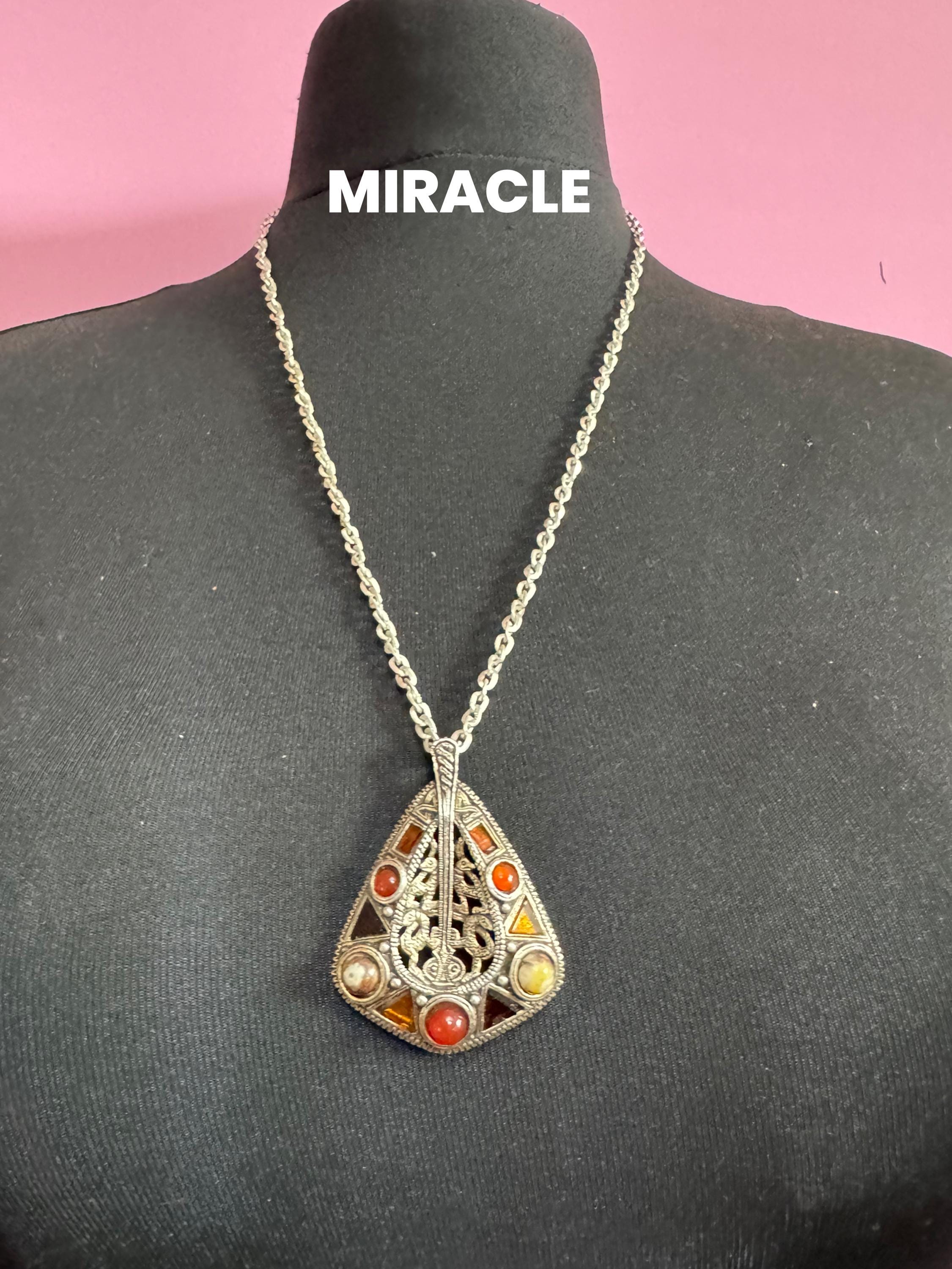 Signed Miracle snake pendant, vintage orange brown cabochons Scottish Celtic necklace silver tone