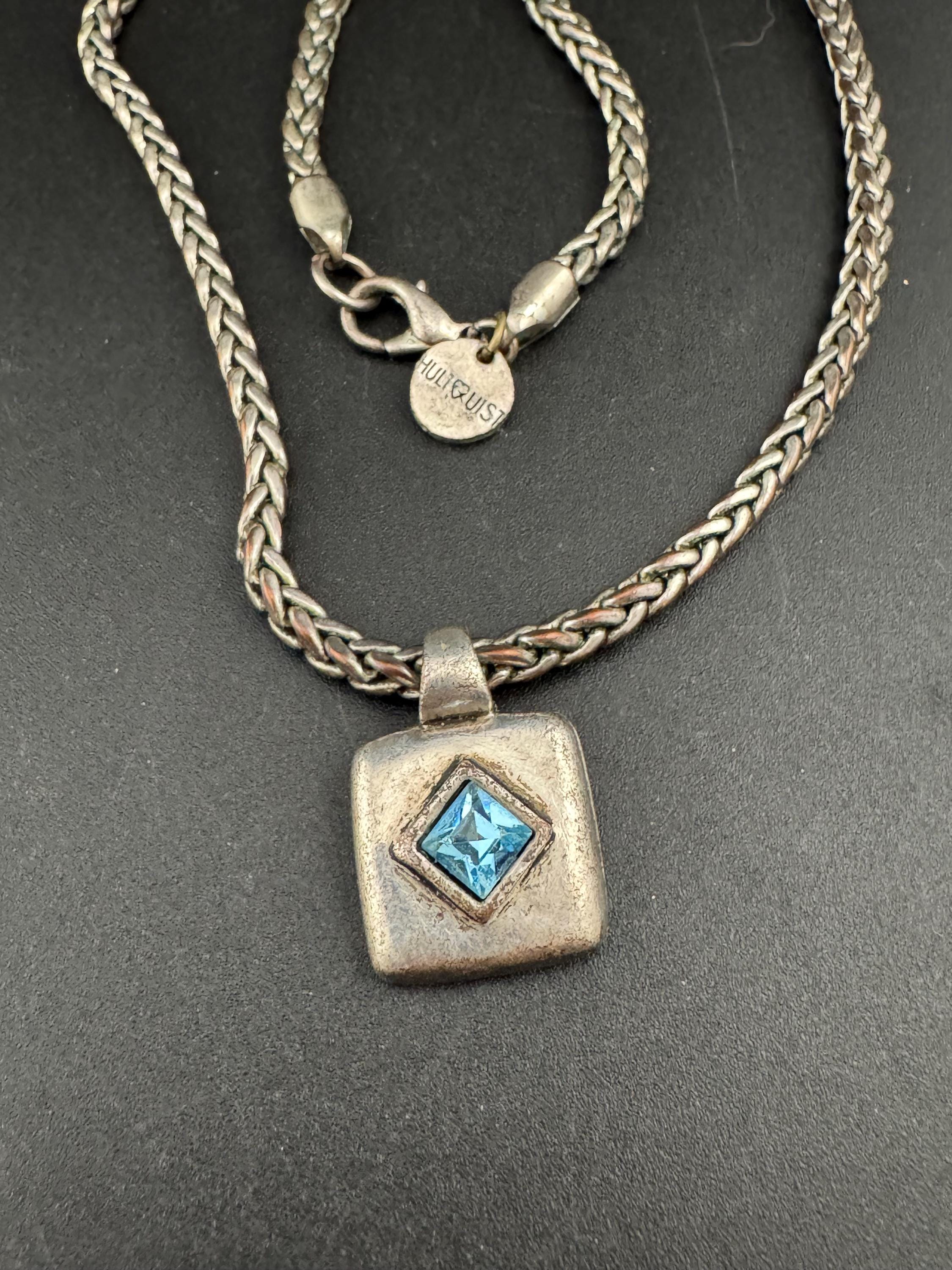 Signed hultquist Copenhagen Retro modernist dark silver tone wheat chain with turquoise square Crystal pendant necklace 42cm