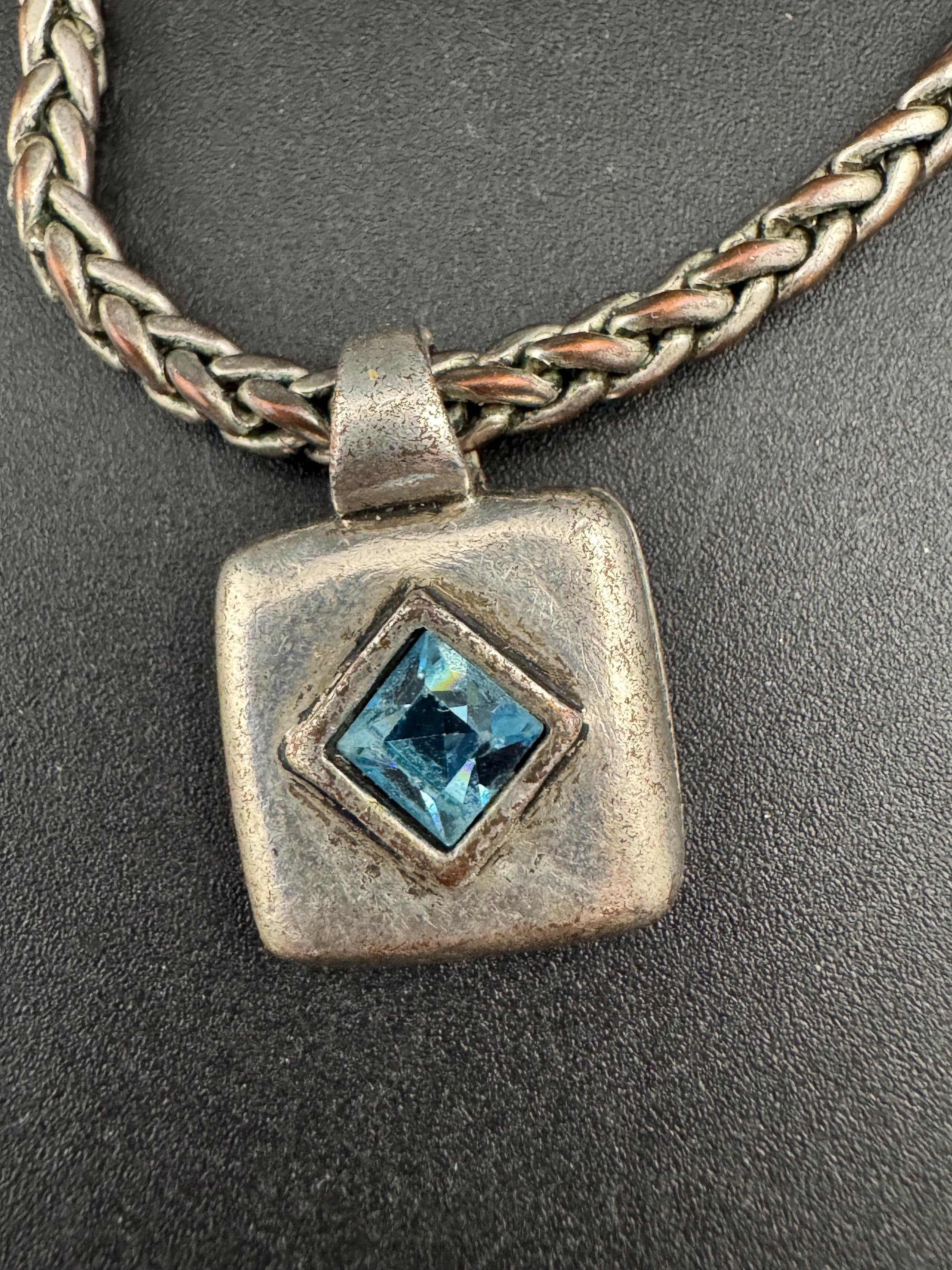 Signed hultquist Copenhagen Retro modernist dark silver tone wheat chain with turquoise square Crystal pendant necklace 42cm