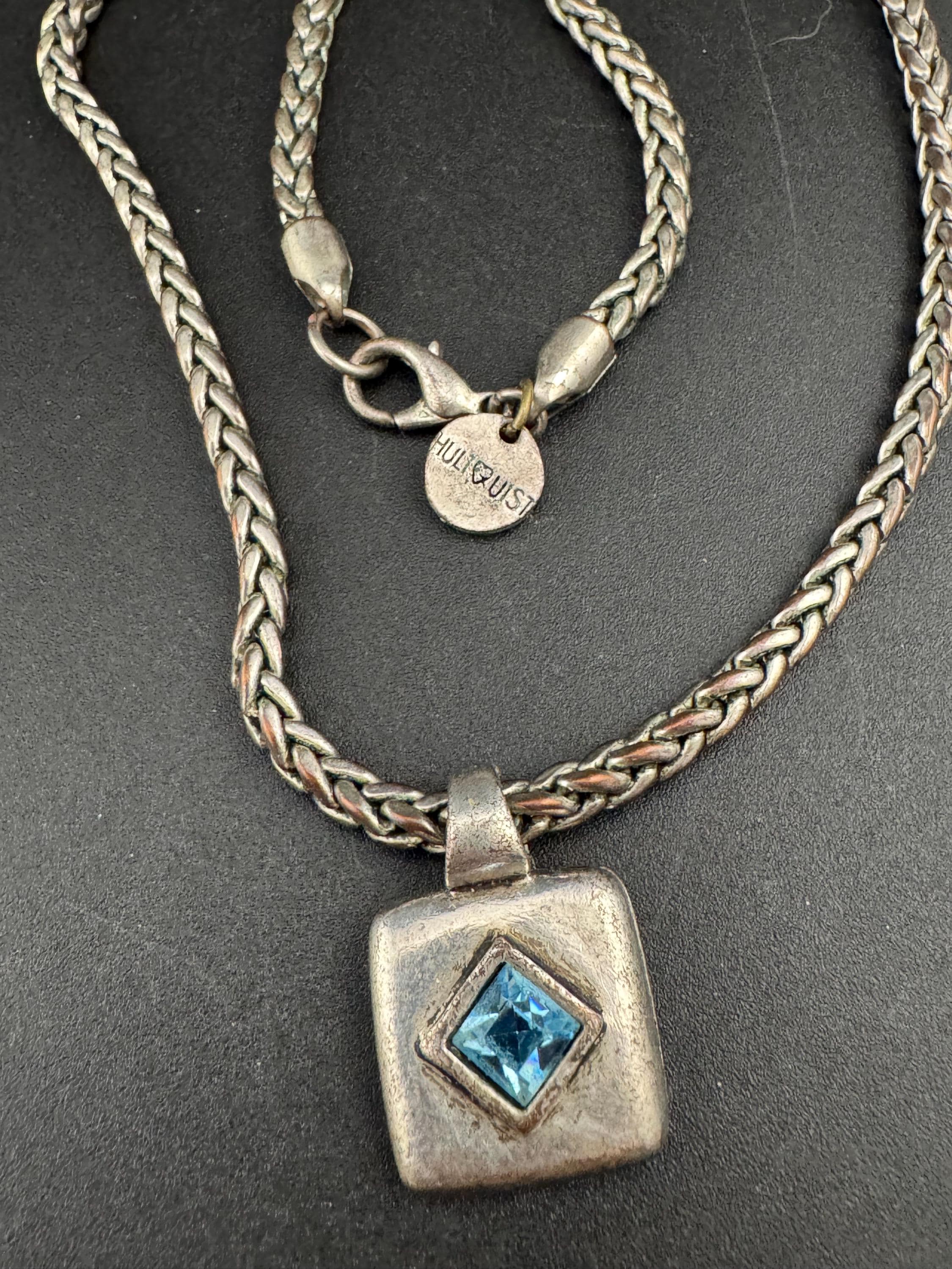 Signed hultquist Copenhagen Retro modernist dark silver tone wheat chain with turquoise square Crystal pendant necklace 42cm