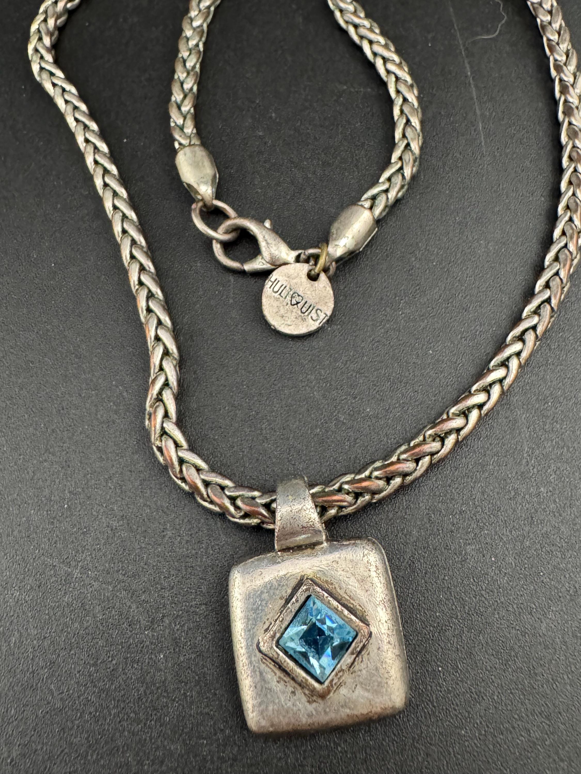 Signed hultquist Copenhagen Retro modernist dark silver tone wheat chain with turquoise square Crystal pendant necklace 42cm