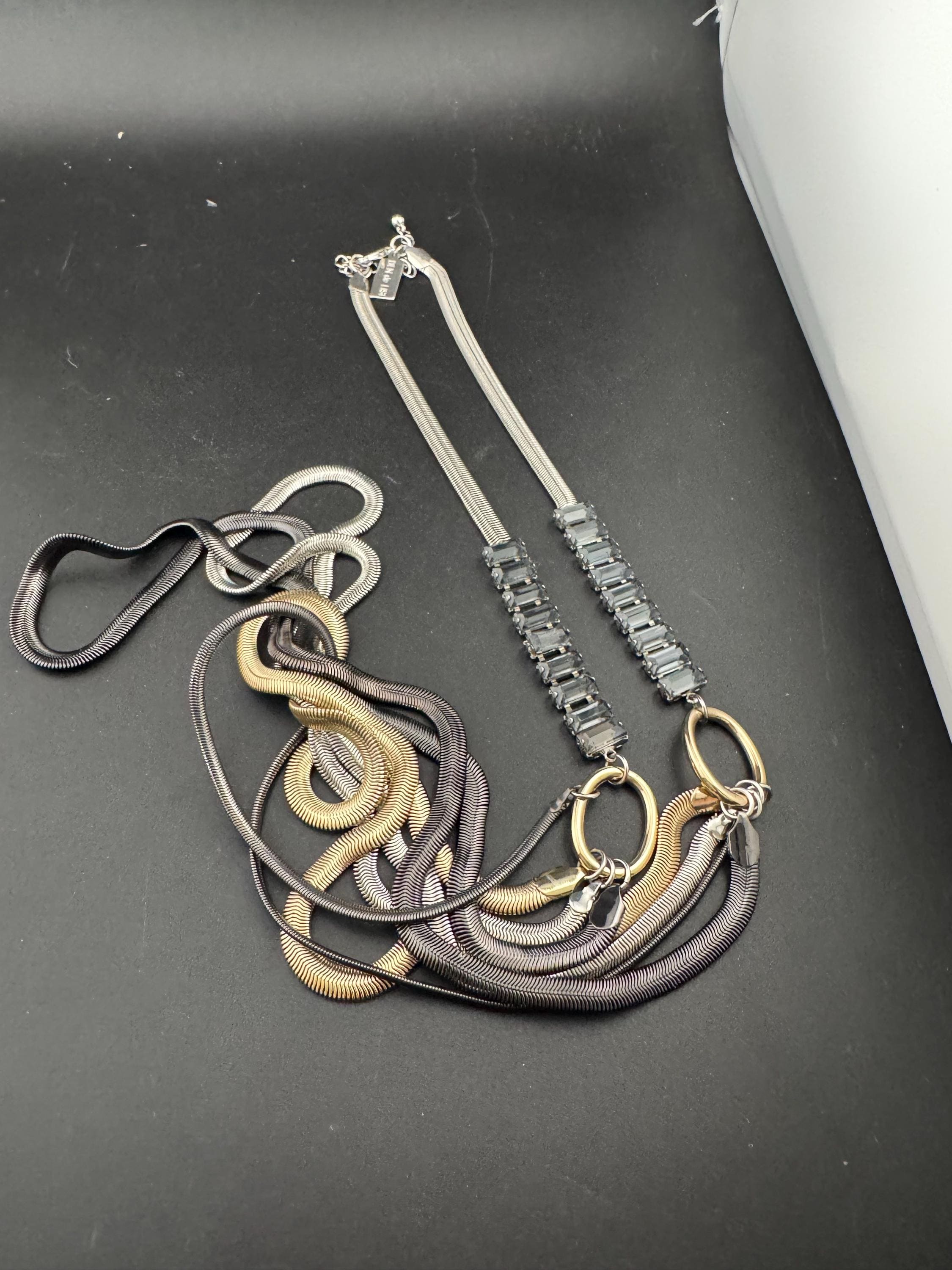 Retro Signed Ben De Lisi very long modernist multistrand grey crystal snake chain layering necklace, silver tone