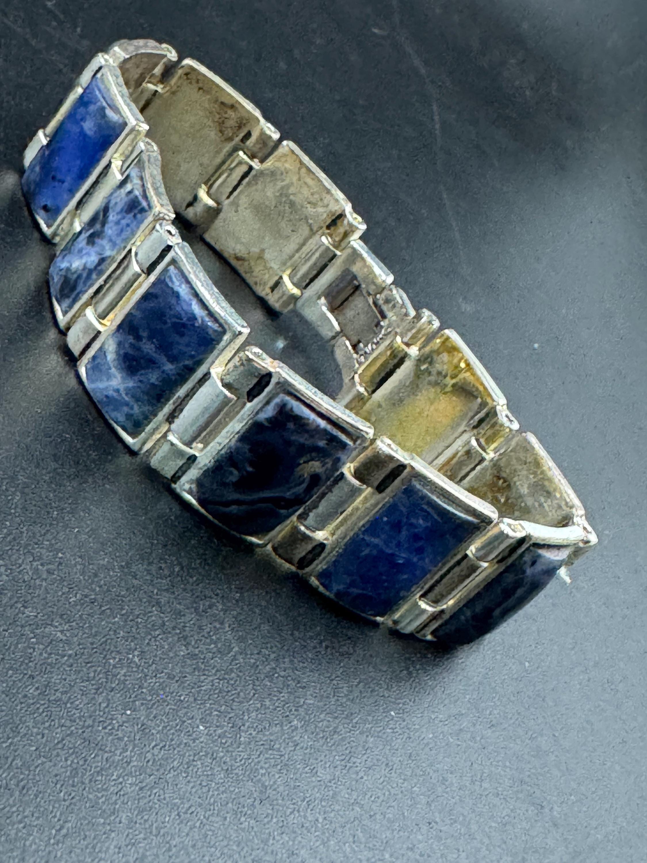 retro designer MONET signed silver tone faux blue gemstone acrylic cabochon panel link bracelet 19.5cm x 16mm