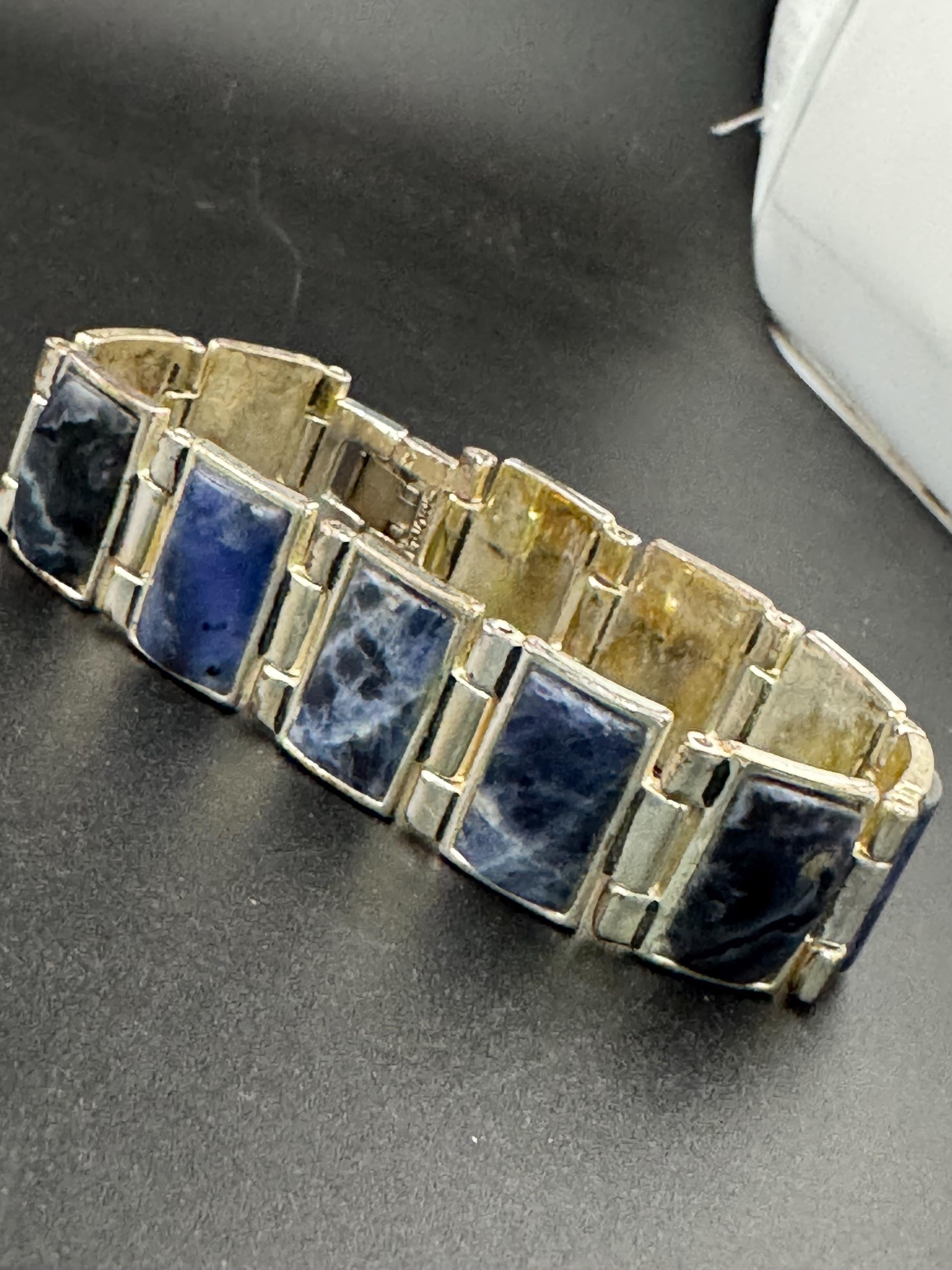 retro designer MONET signed silver tone faux blue gemstone acrylic cabochon panel link bracelet 19.5cm x 16mm