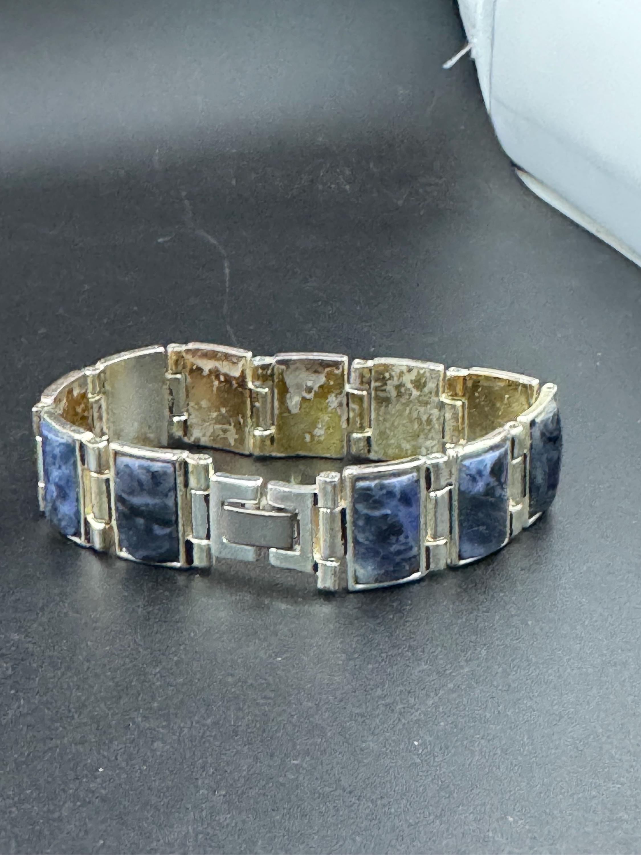 retro designer MONET signed silver tone faux blue gemstone acrylic cabochon panel link bracelet 19.5cm x 16mm
