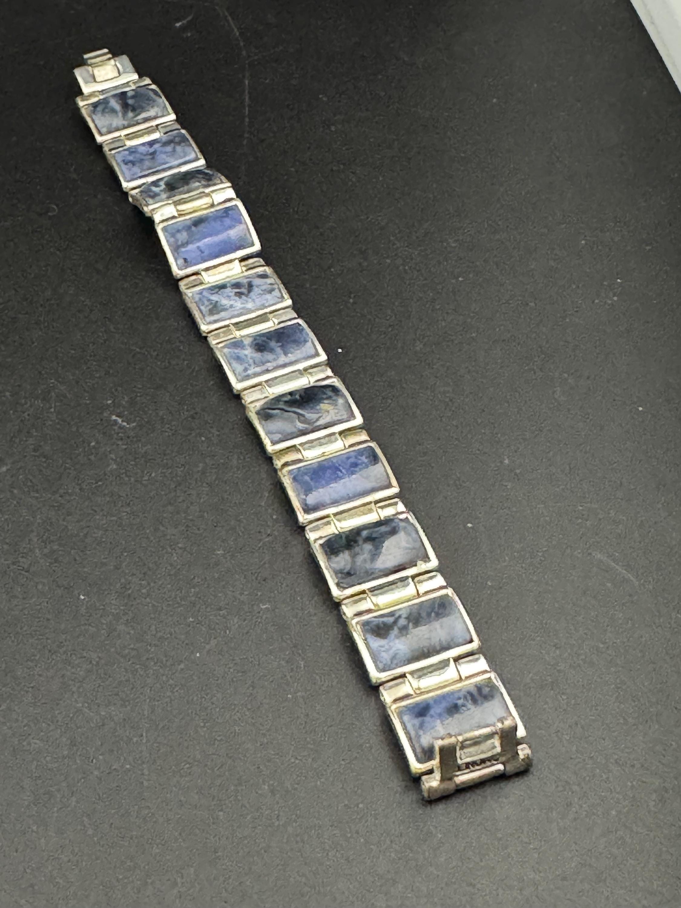 retro designer MONET signed silver tone faux blue gemstone acrylic cabochon panel link bracelet 19.5cm x 16mm