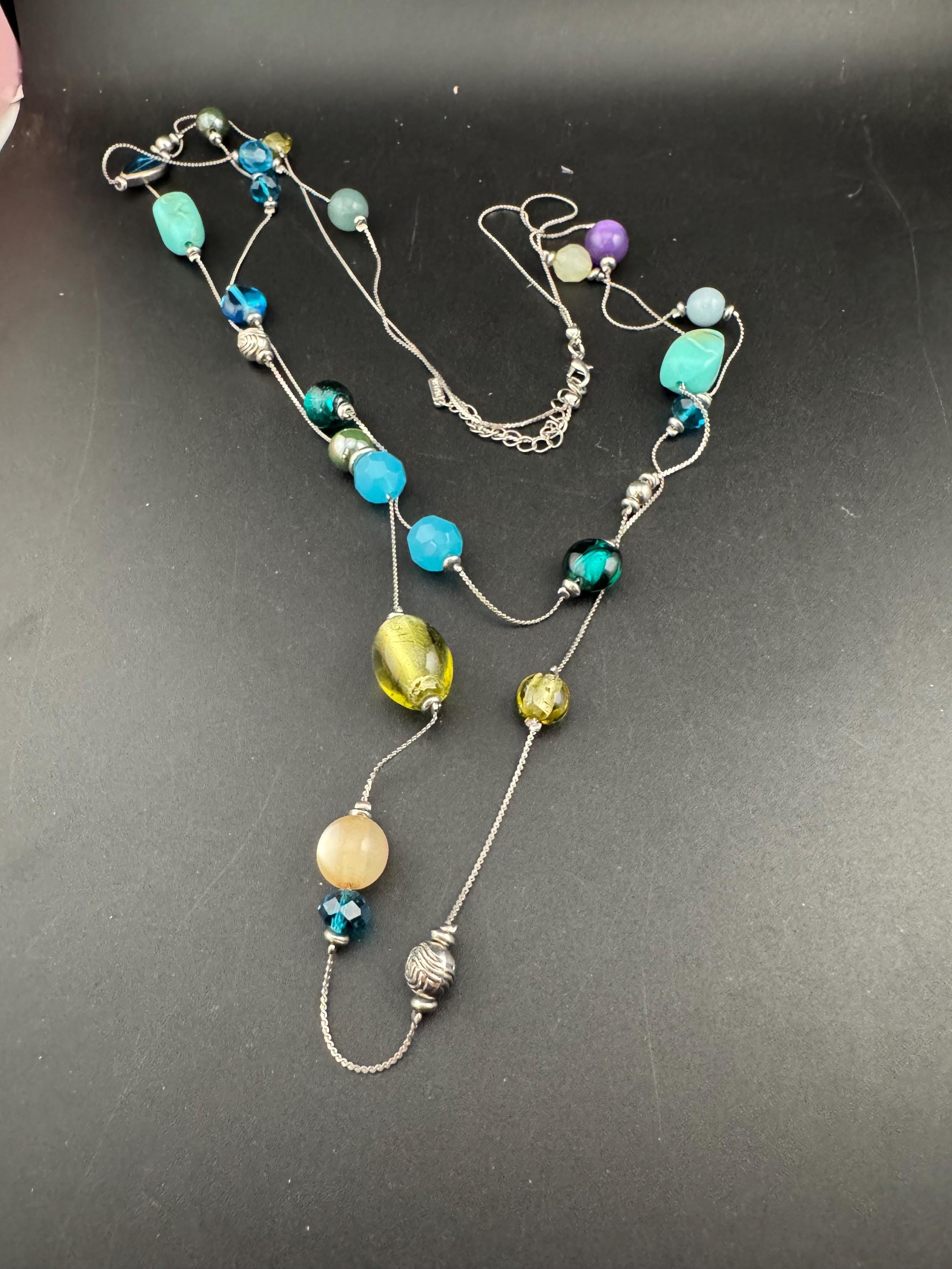 Signed Vicenza Italian Vintage blue green acrylic and natural gemstone 2 row silvertone layering beaded necklace