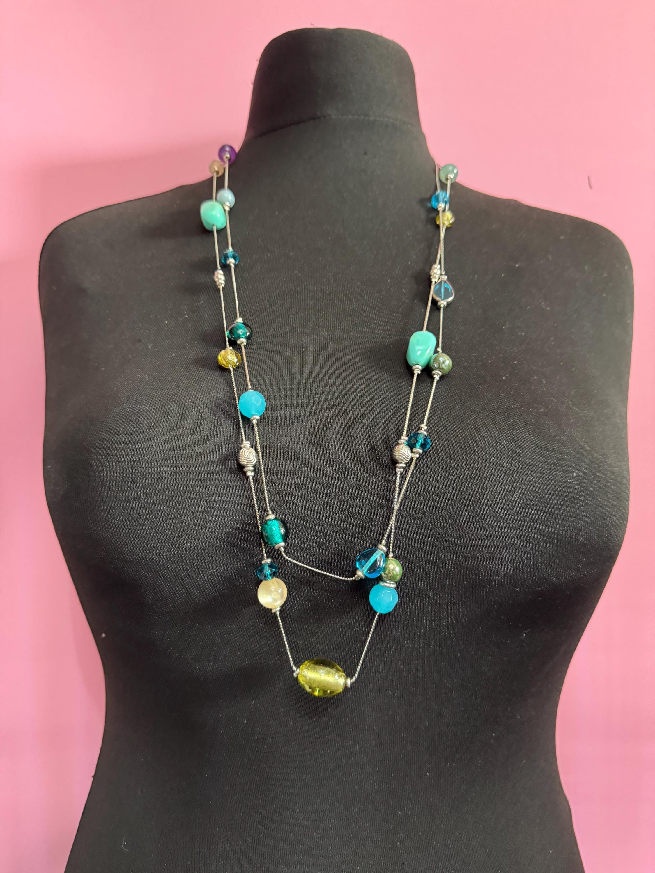 Signed Vicenza Italian Vintage blue green acrylic and natural gemstone 2 row silvertone layering beaded necklace
