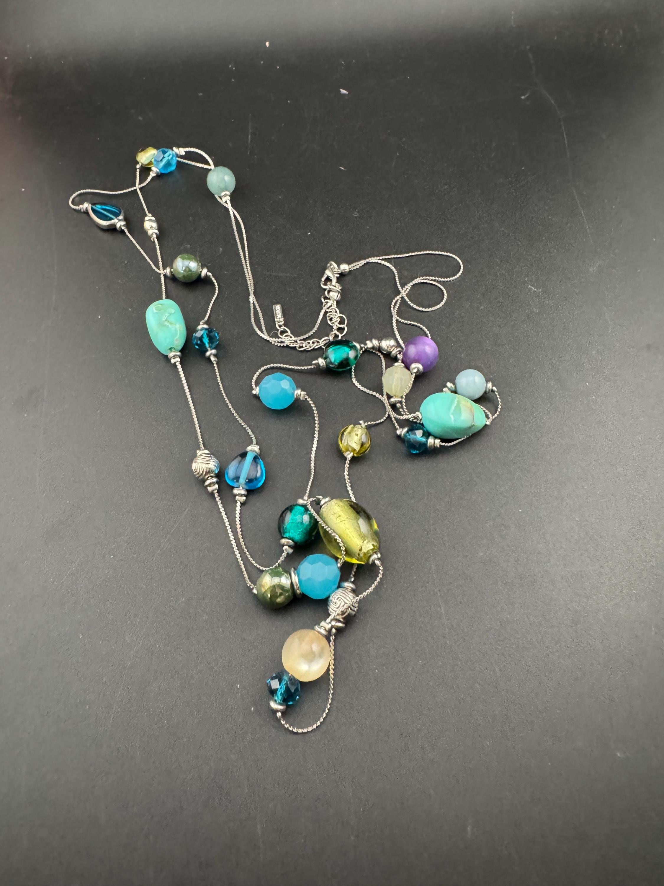 Signed Vicenza Italian Vintage blue green acrylic and natural gemstone 2 row silvertone layering beaded necklace