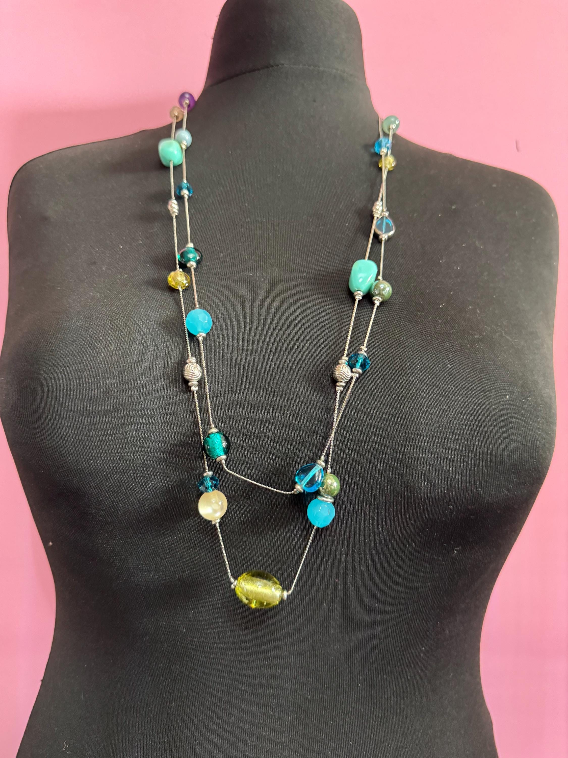 Signed Vicenza Italian Vintage blue green acrylic and natural gemstone 2 row silvertone layering beaded necklace