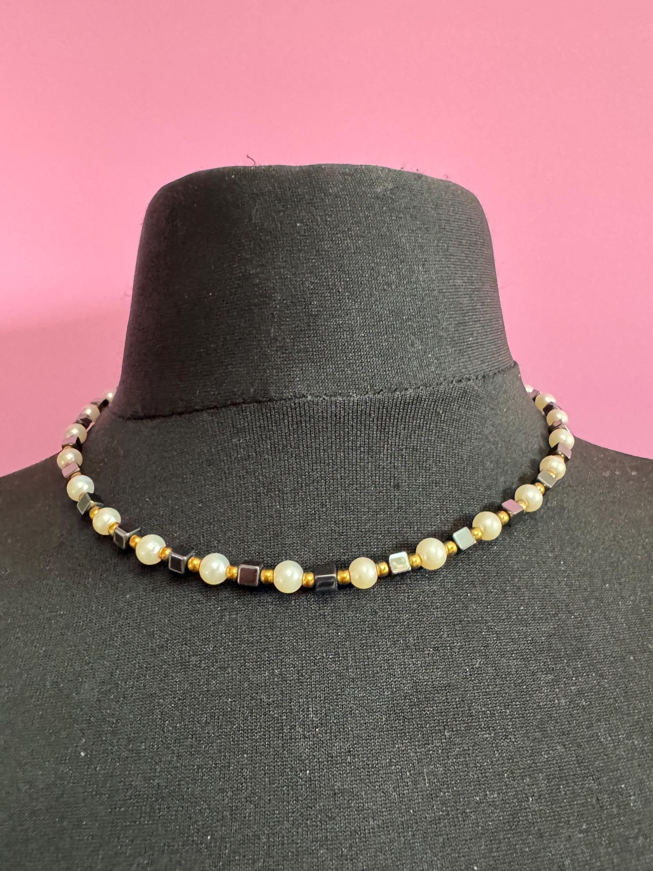 Signed CIRO cream faux pearl and hematite box beaded collar Necklace
