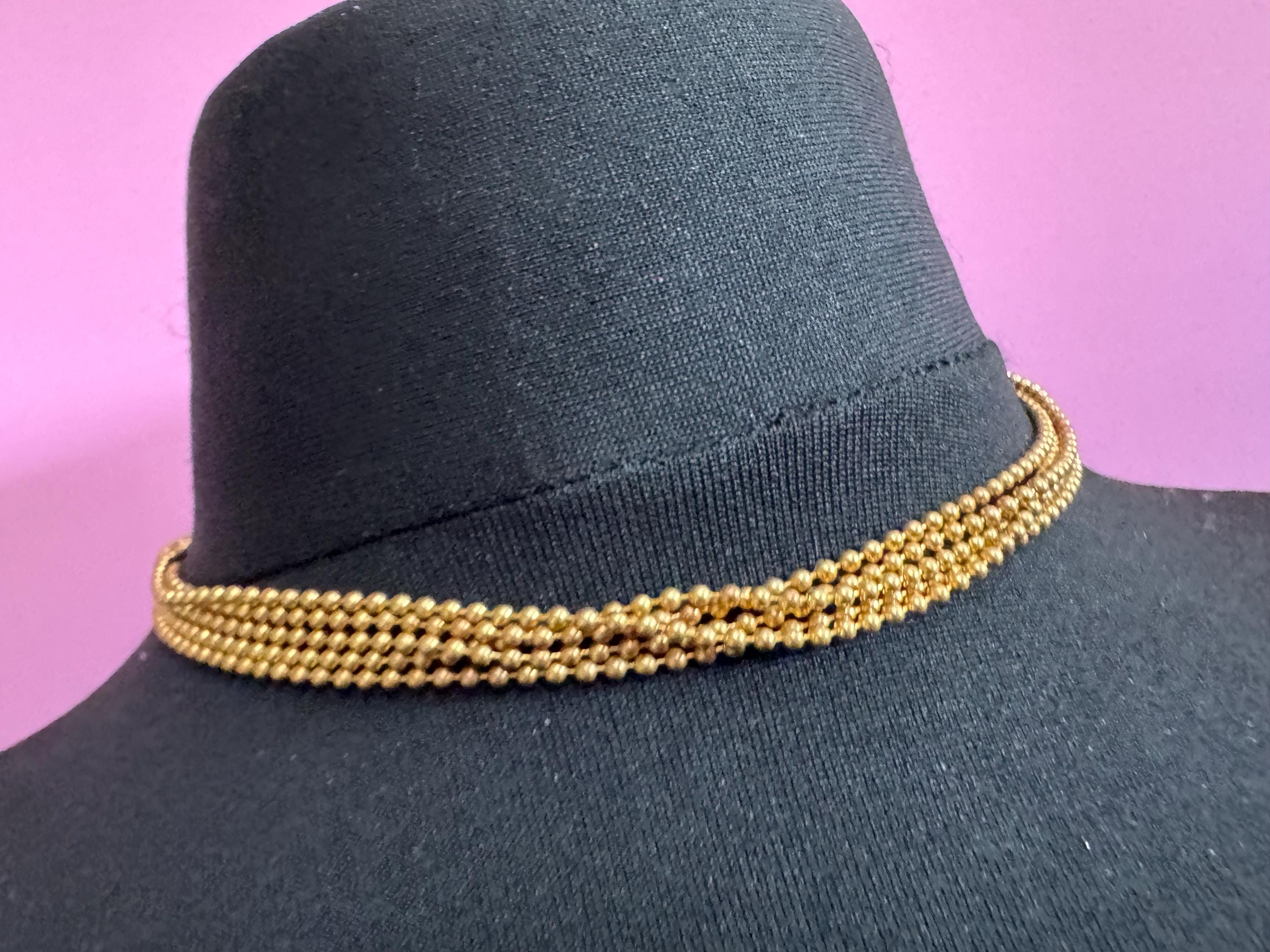 Signed MOVITEX Vintage 4 row brass ball bead chain gold tone multi strand metal chain link choker necklace