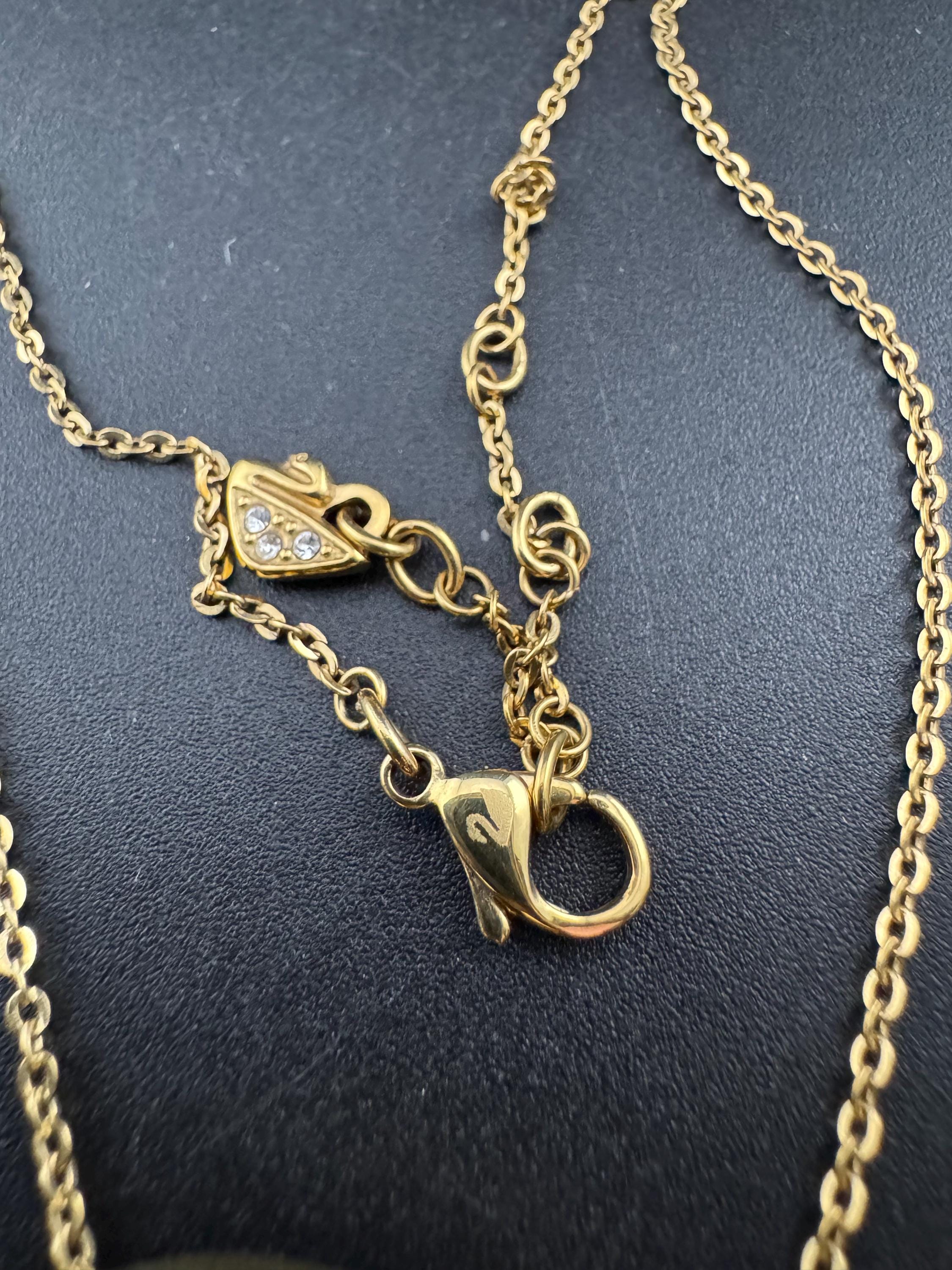 Vintage signed Swarovski Kolye Sound Pendant necklace with Black Crystal model 1170320, gold plated disc choker