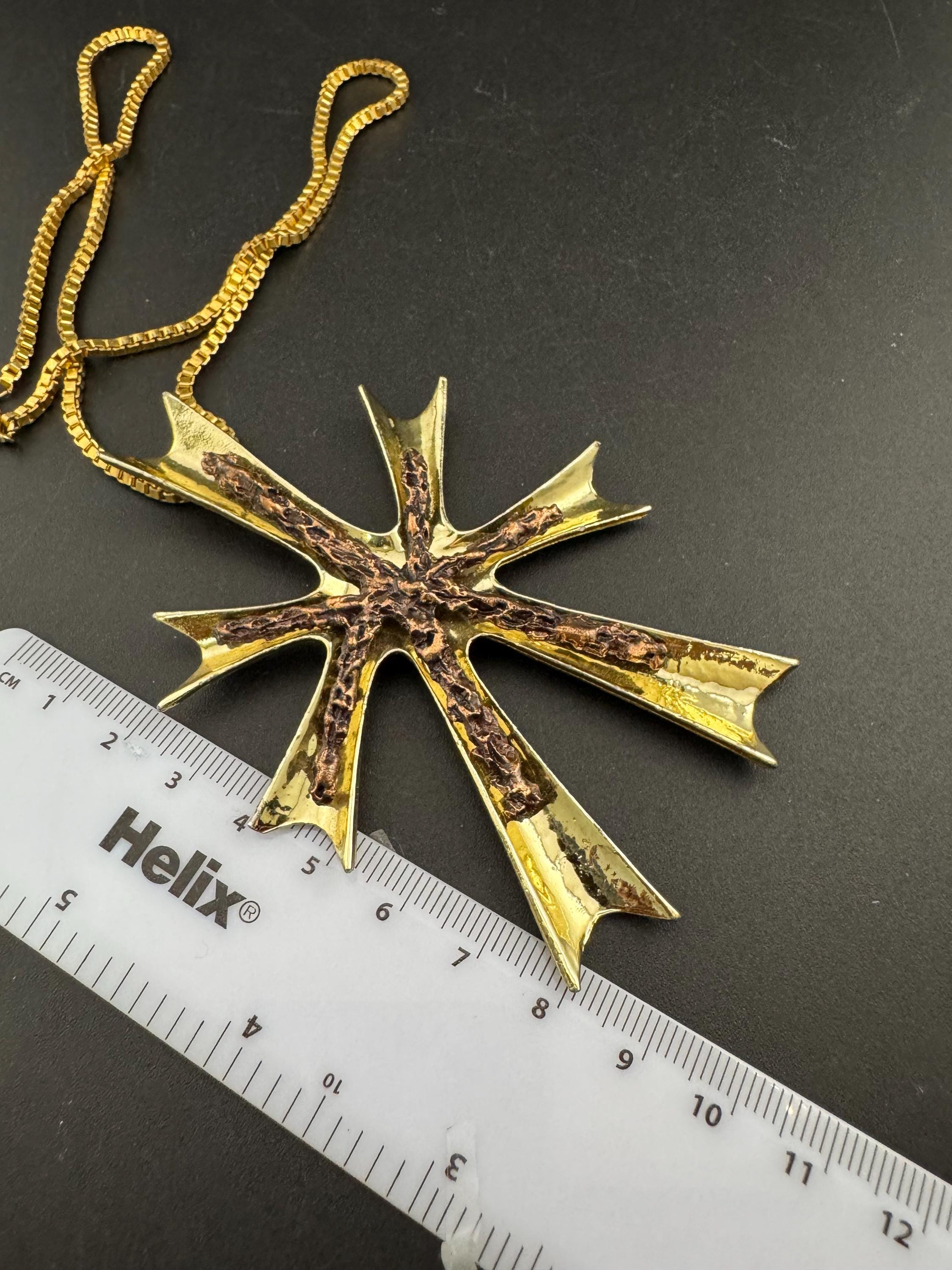 Mid Century Brutalist Cross Pendant Necklace: Signed Hollywood, Bronzed Gold Tone