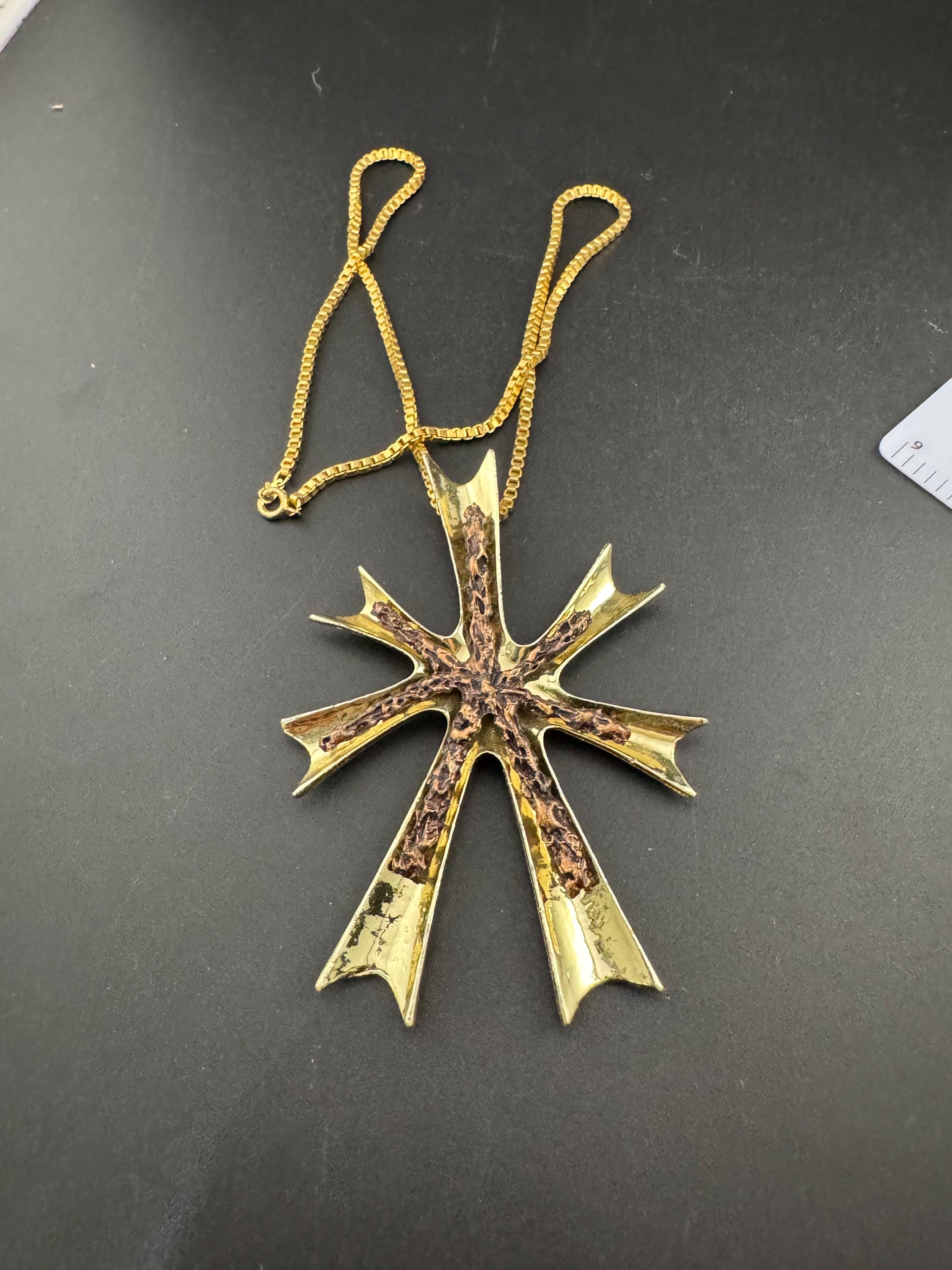Mid Century Brutalist Cross Pendant Necklace: Signed Hollywood, Bronzed Gold Tone