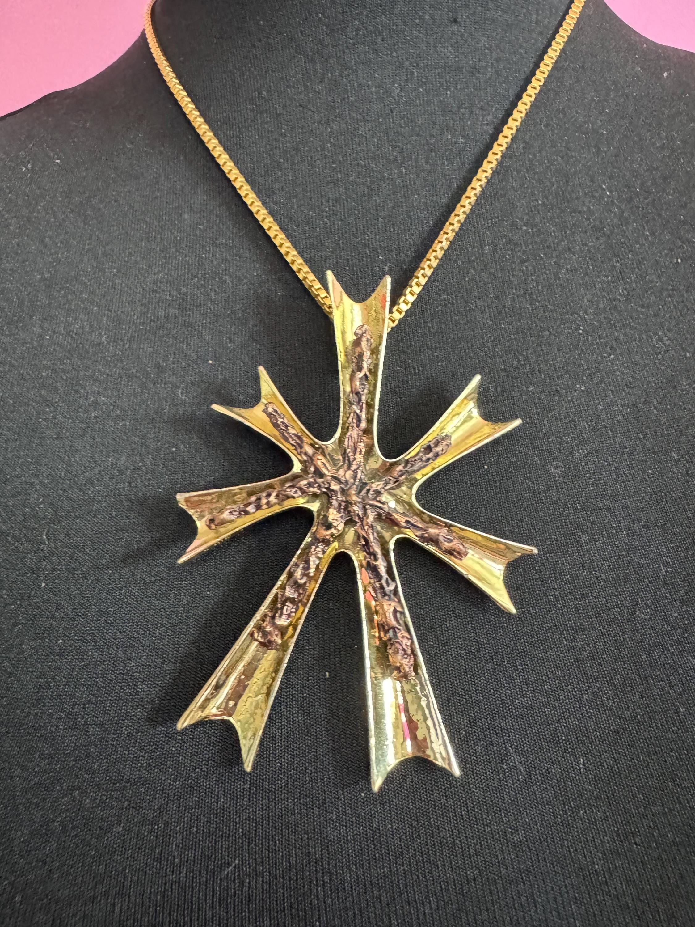 Mid Century Brutalist Cross Pendant Necklace: Signed Hollywood, Bronzed Gold Tone