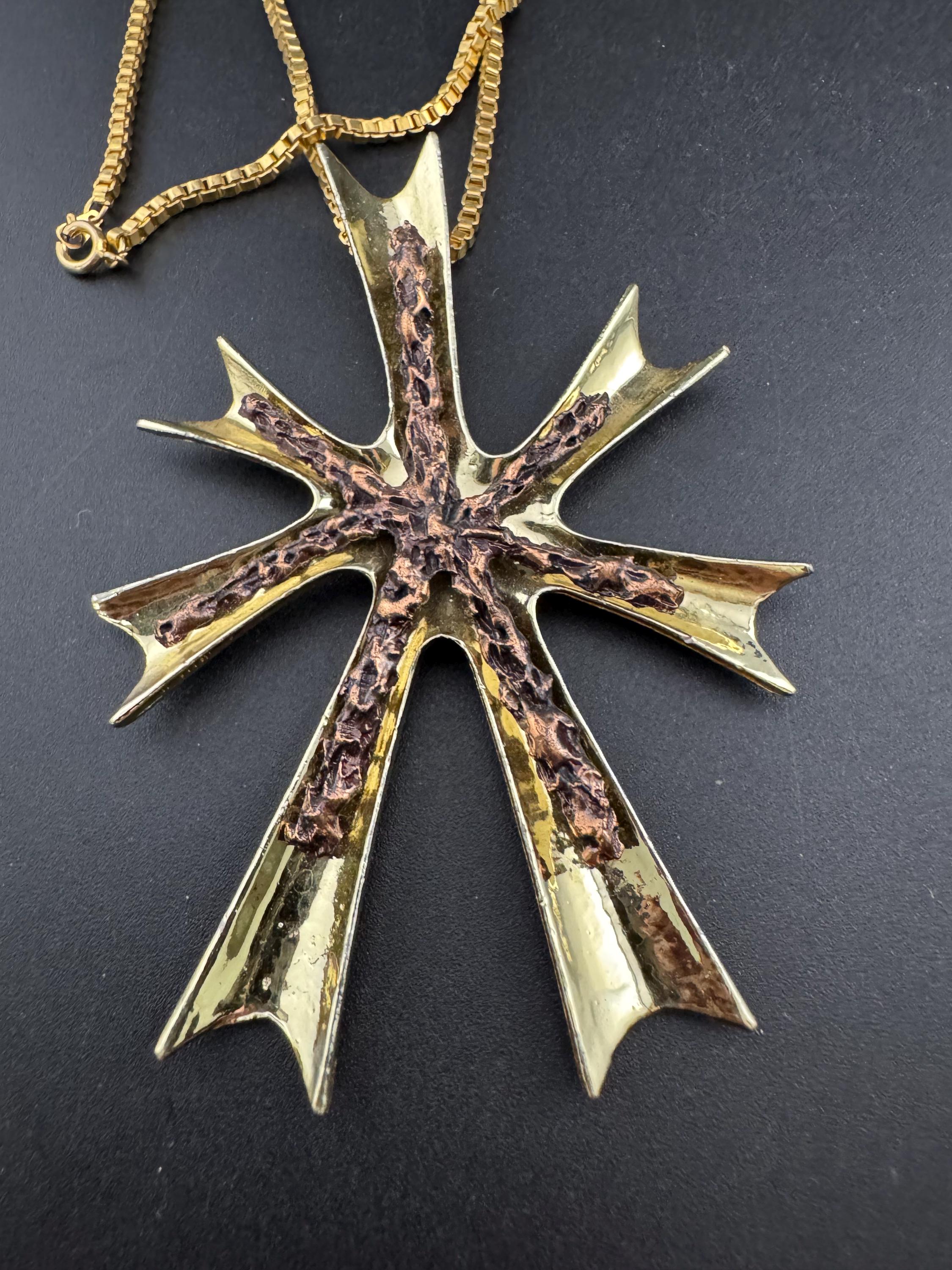 Mid Century Brutalist Cross Pendant Necklace: Signed Hollywood, Bronzed Gold Tone
