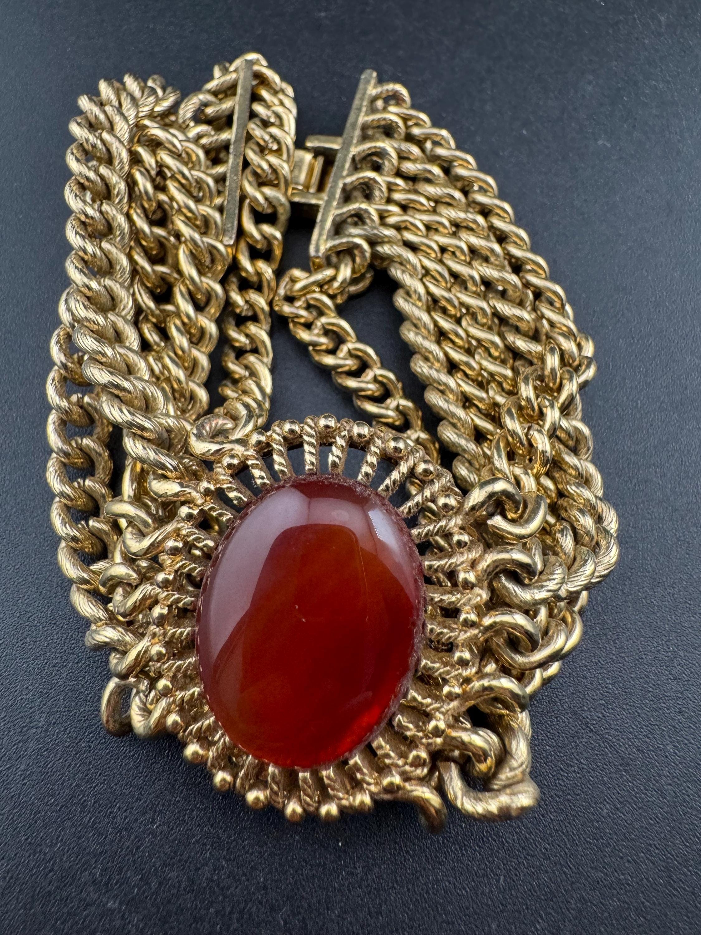 Vintage designer MONET signed gold tone red brown oval cabochon antique gold tone multistrand chunky chain bracelet