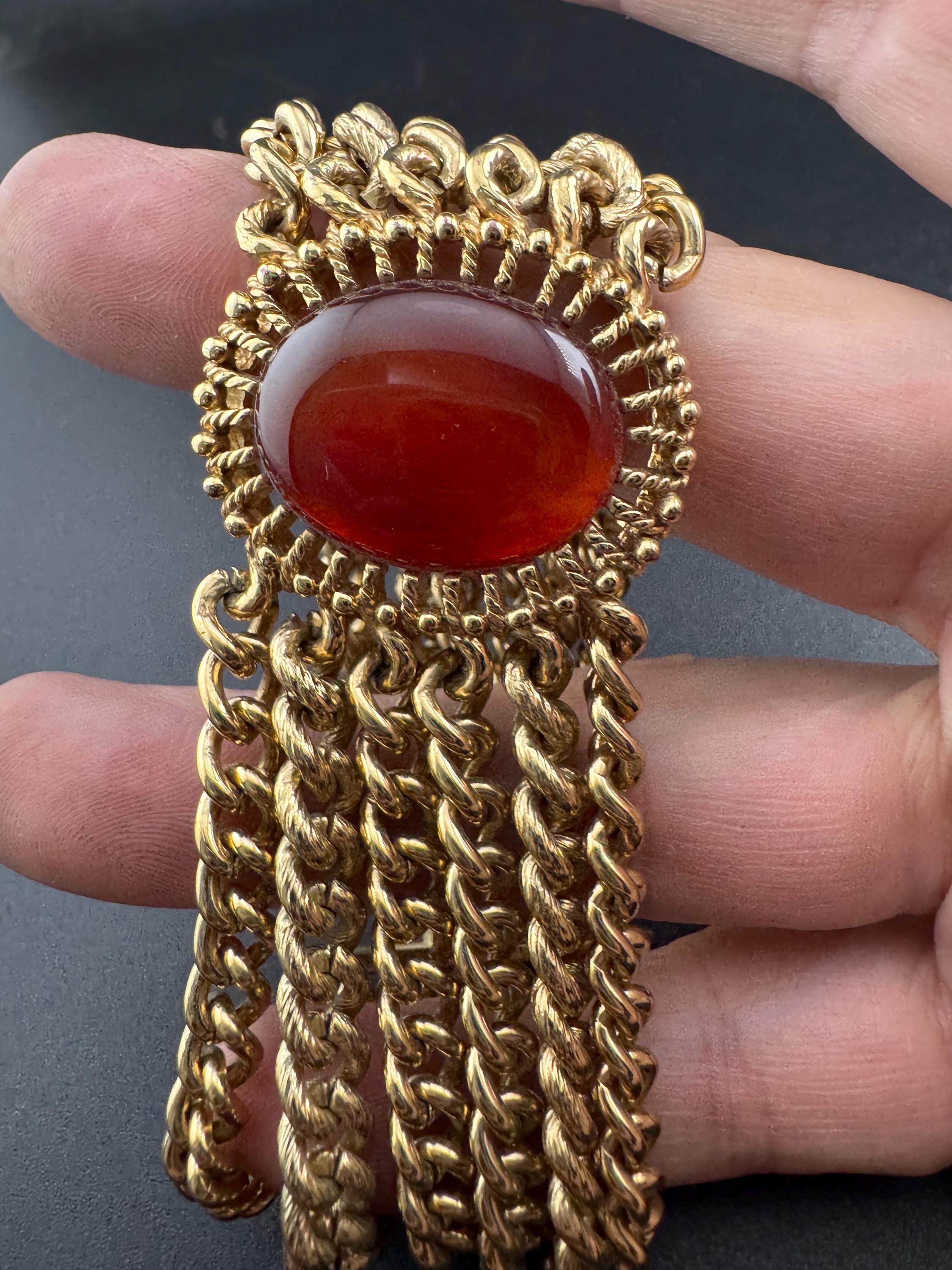 Vintage designer MONET signed gold tone red brown oval cabochon antique gold tone multistrand chunky chain bracelet