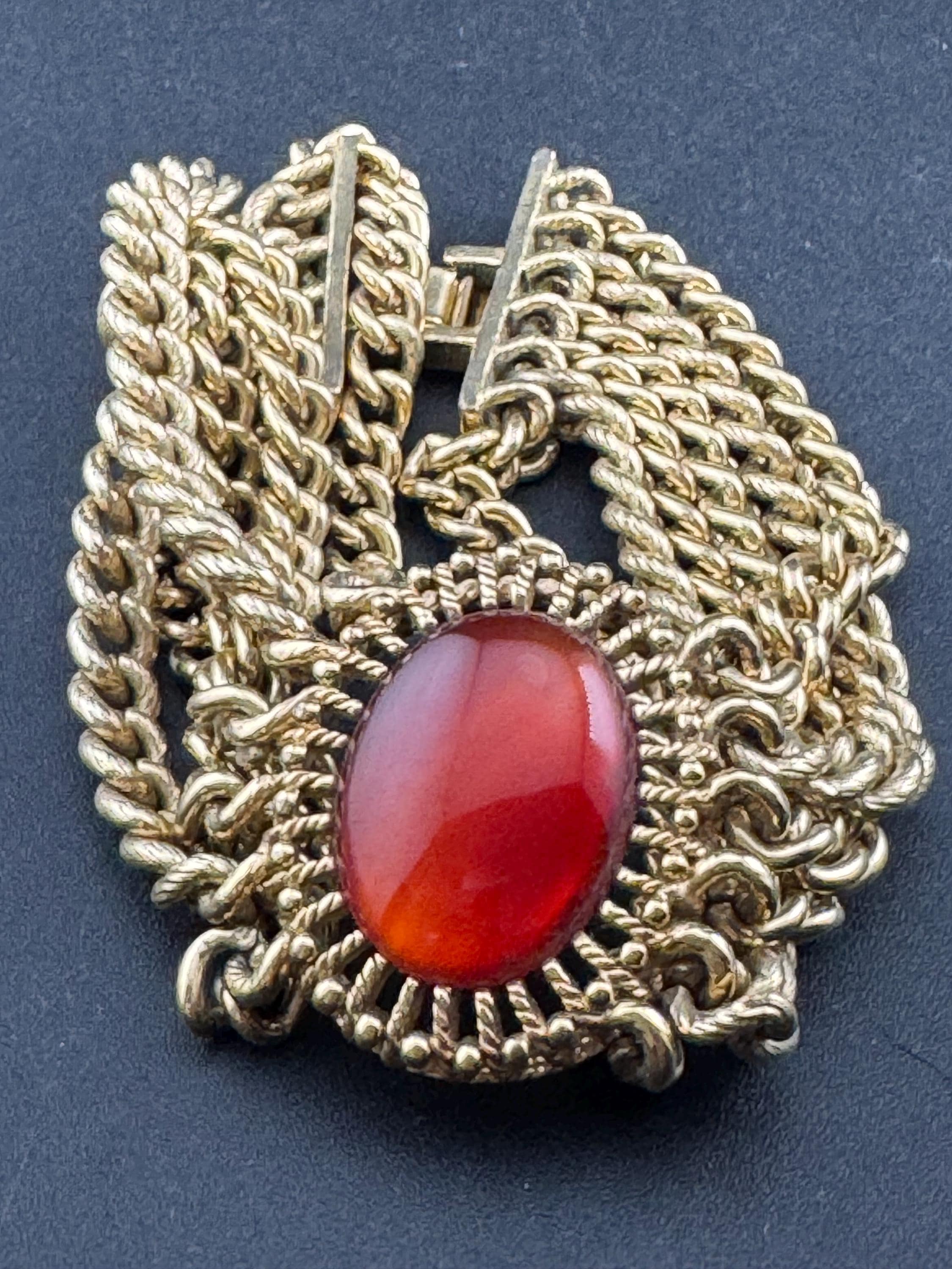 Vintage designer MONET signed gold tone red brown oval cabochon antique gold tone multistrand chunky chain bracelet