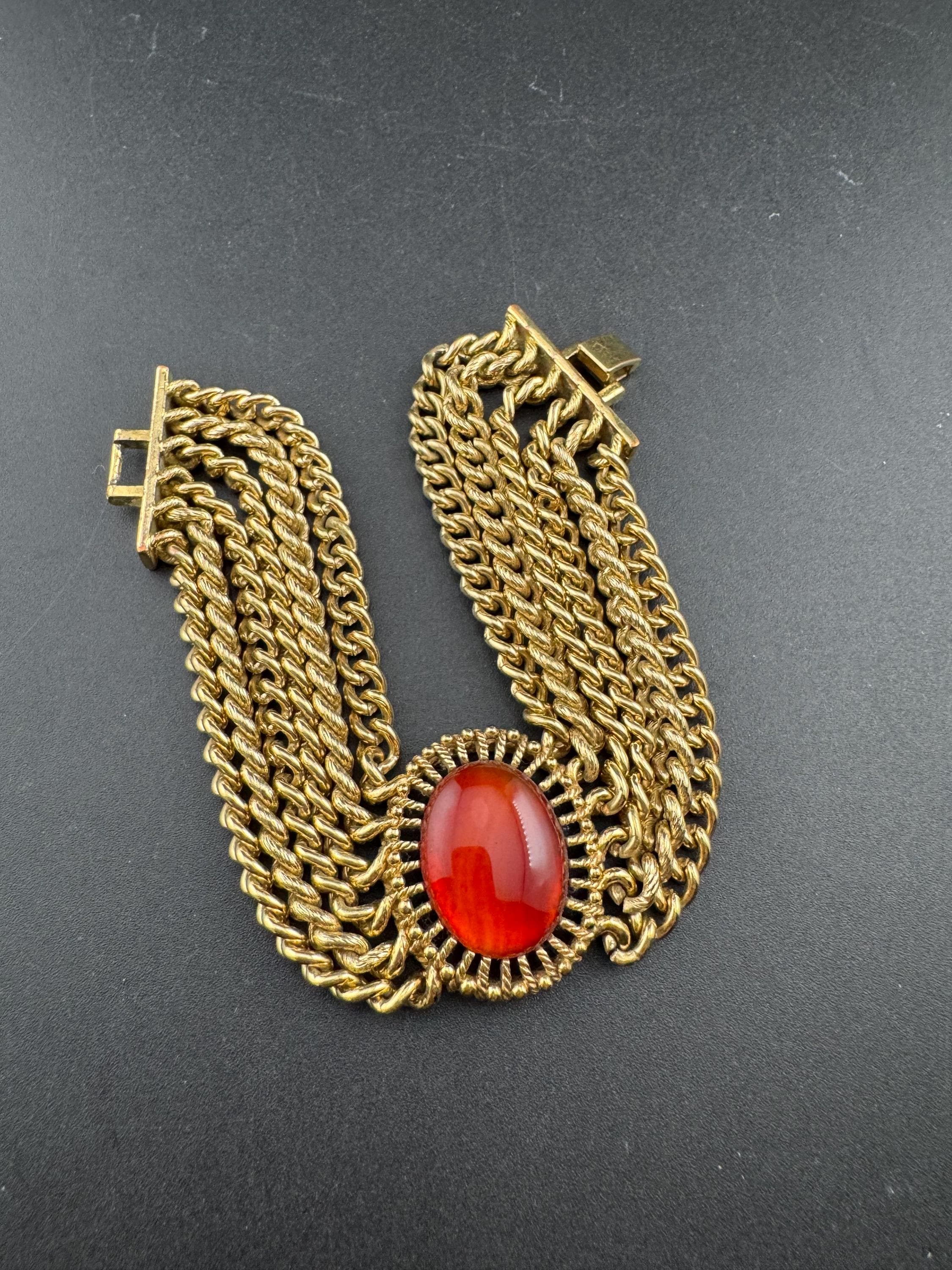 Vintage designer MONET signed gold tone red brown oval cabochon antique gold tone multistrand chunky chain bracelet
