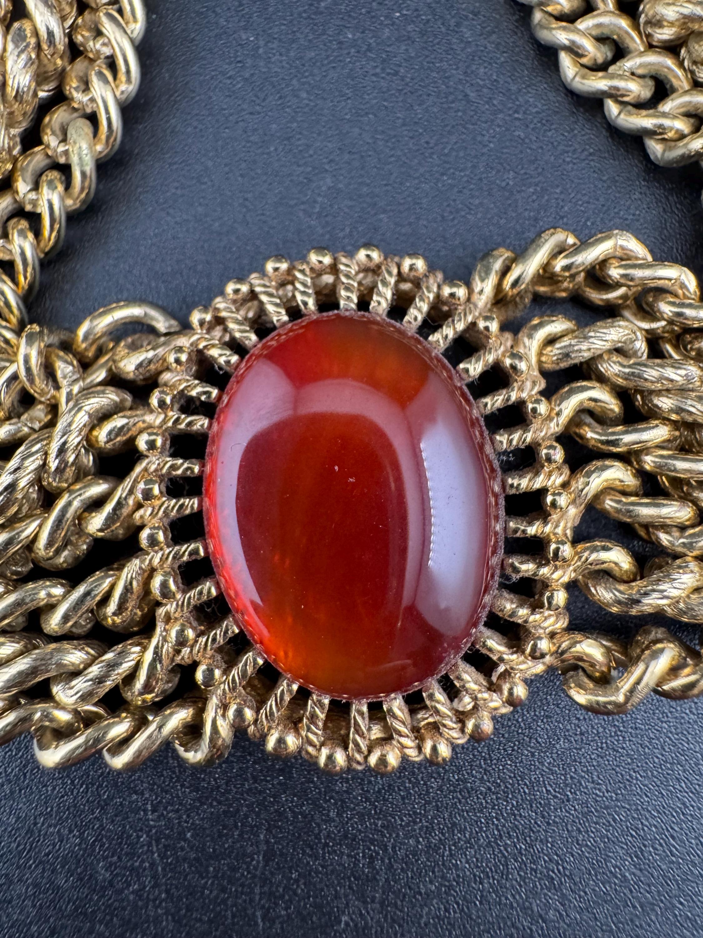 Vintage designer MONET signed gold tone red brown oval cabochon antique gold tone multistrand chunky chain bracelet