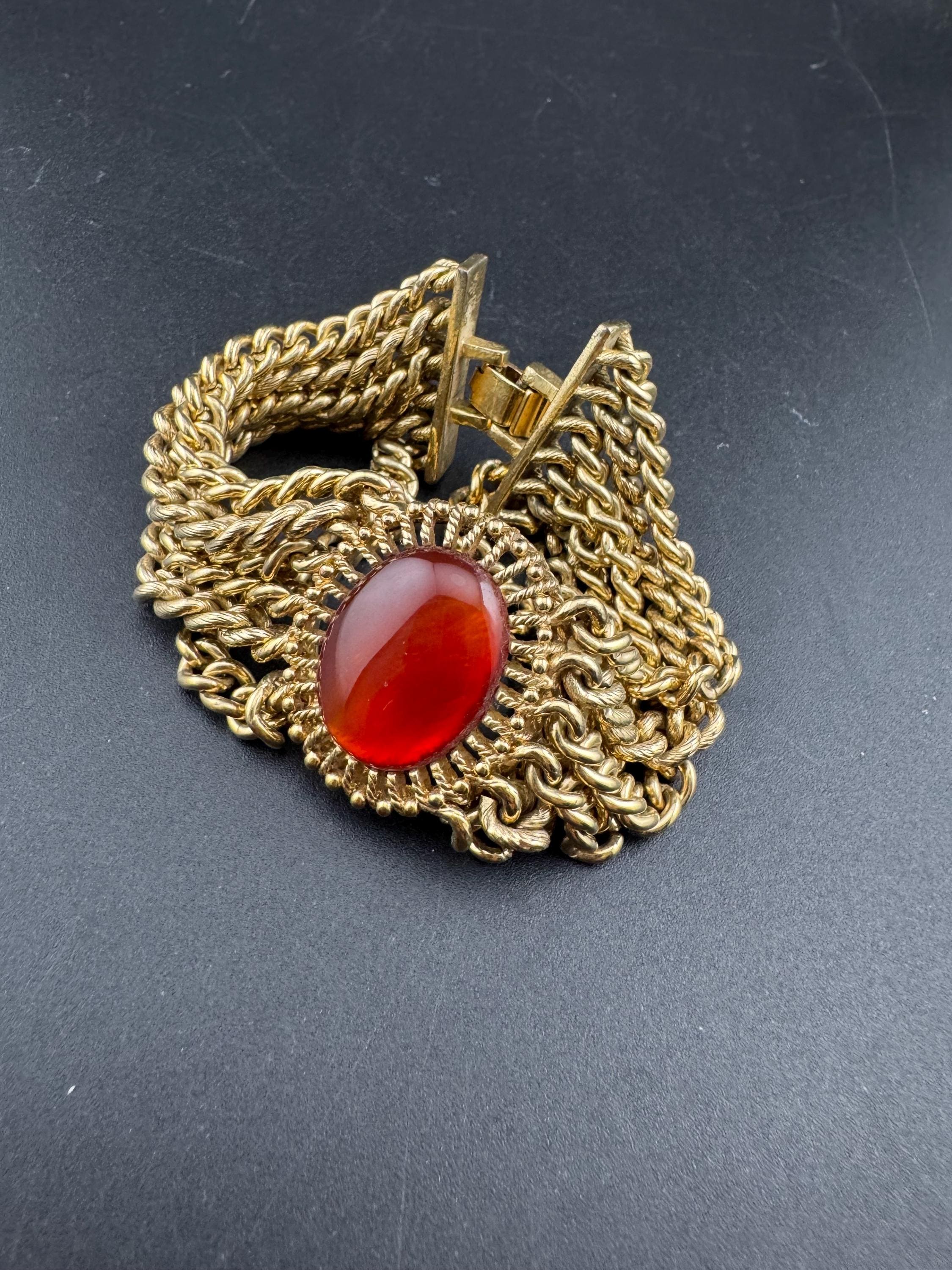 Vintage designer MONET signed gold tone red brown oval cabochon antique gold tone multistrand chunky chain bracelet