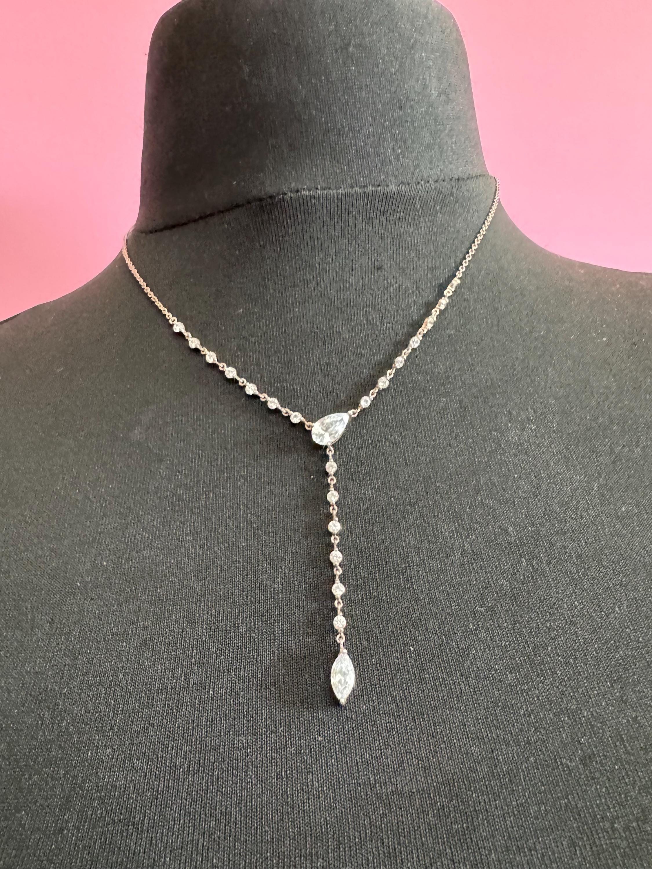 925 sterling silver clear diamanté teardrop water drop pendant chain necklace