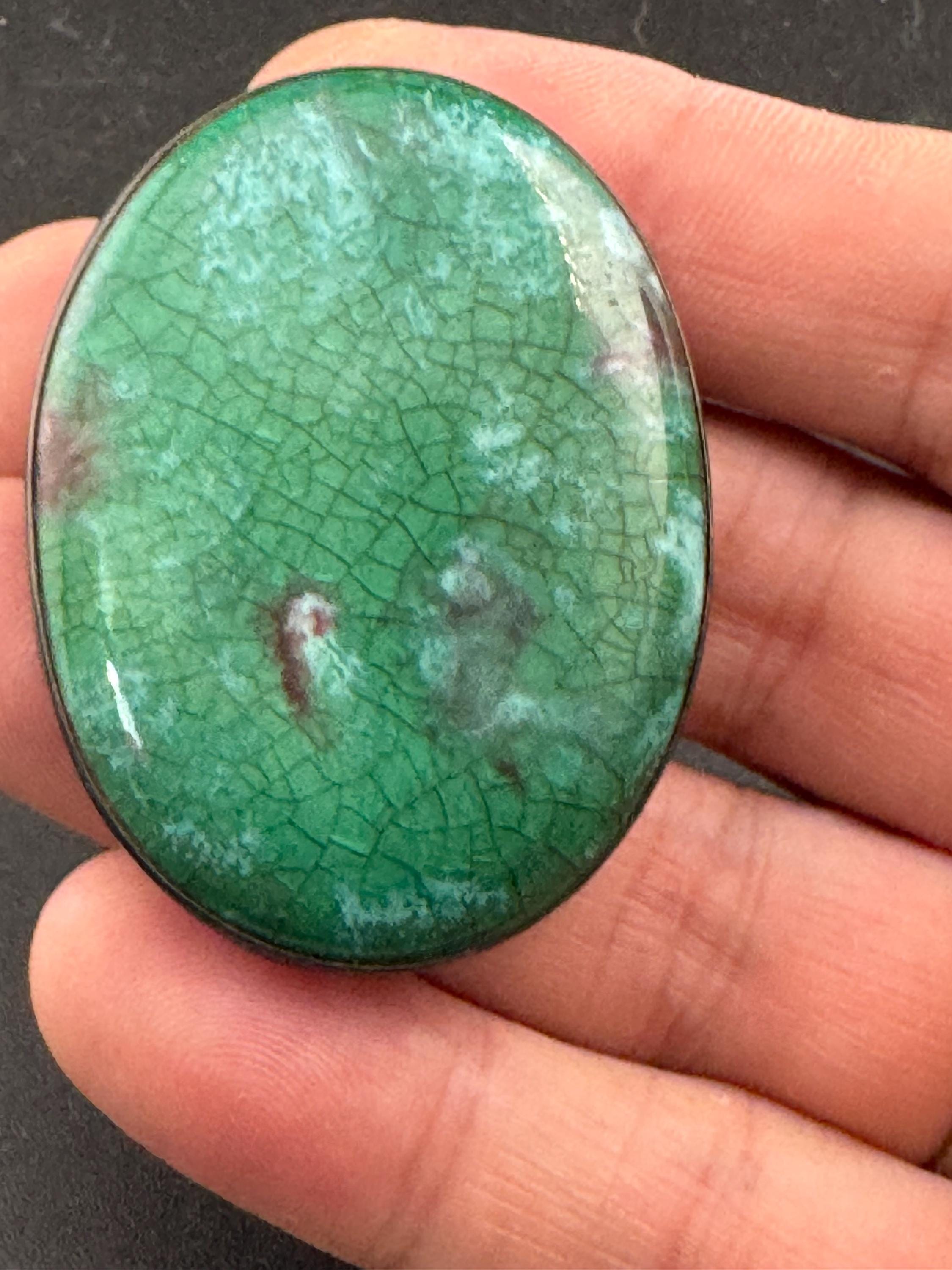 Art Deco Green Crackle Pottery Brooch: Sterling Silver Ruskin Style