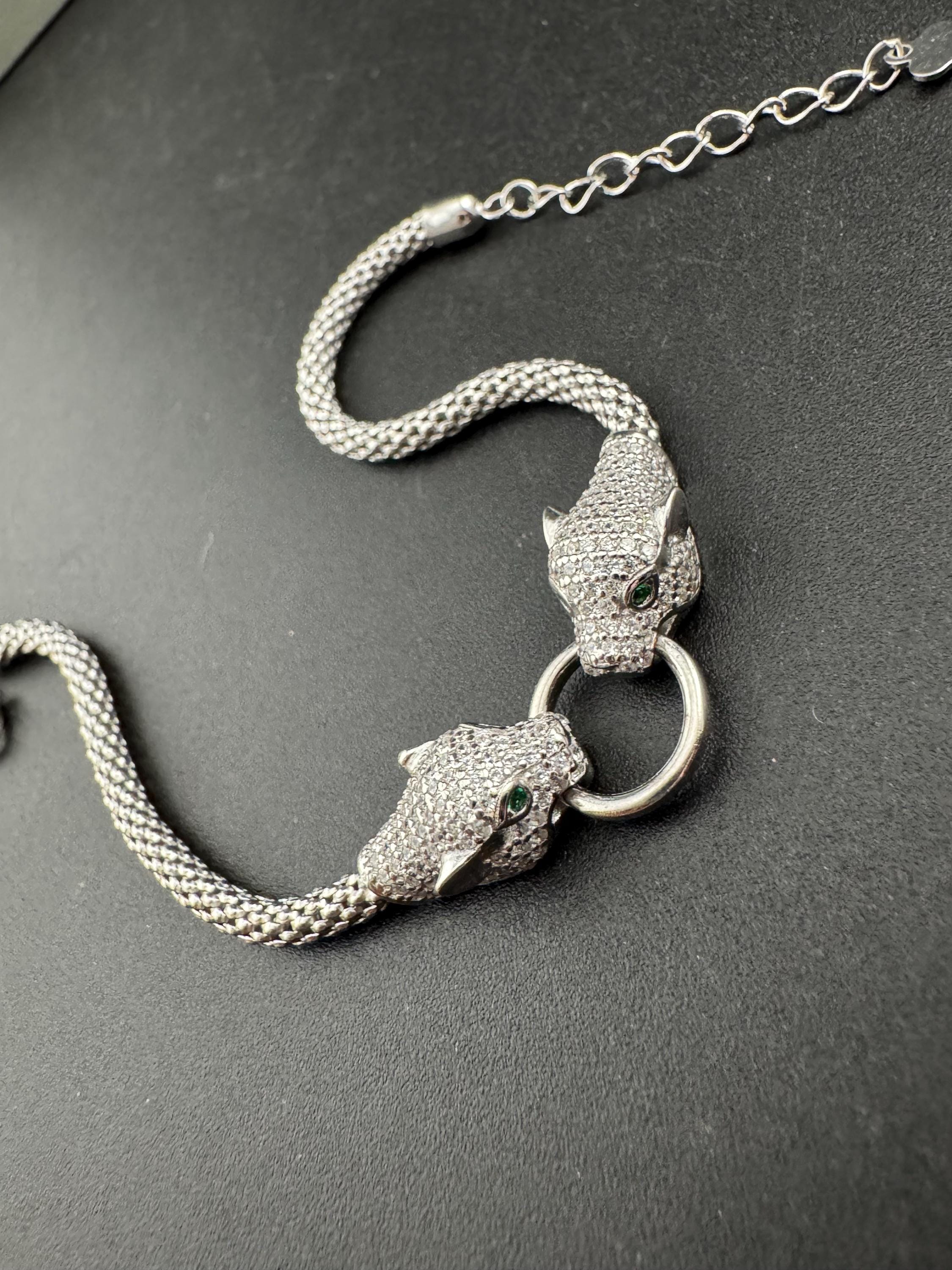 Retro diamanté big cat 925 sterling silver chain bracelet, green and clear rhinestones, 18-21cm