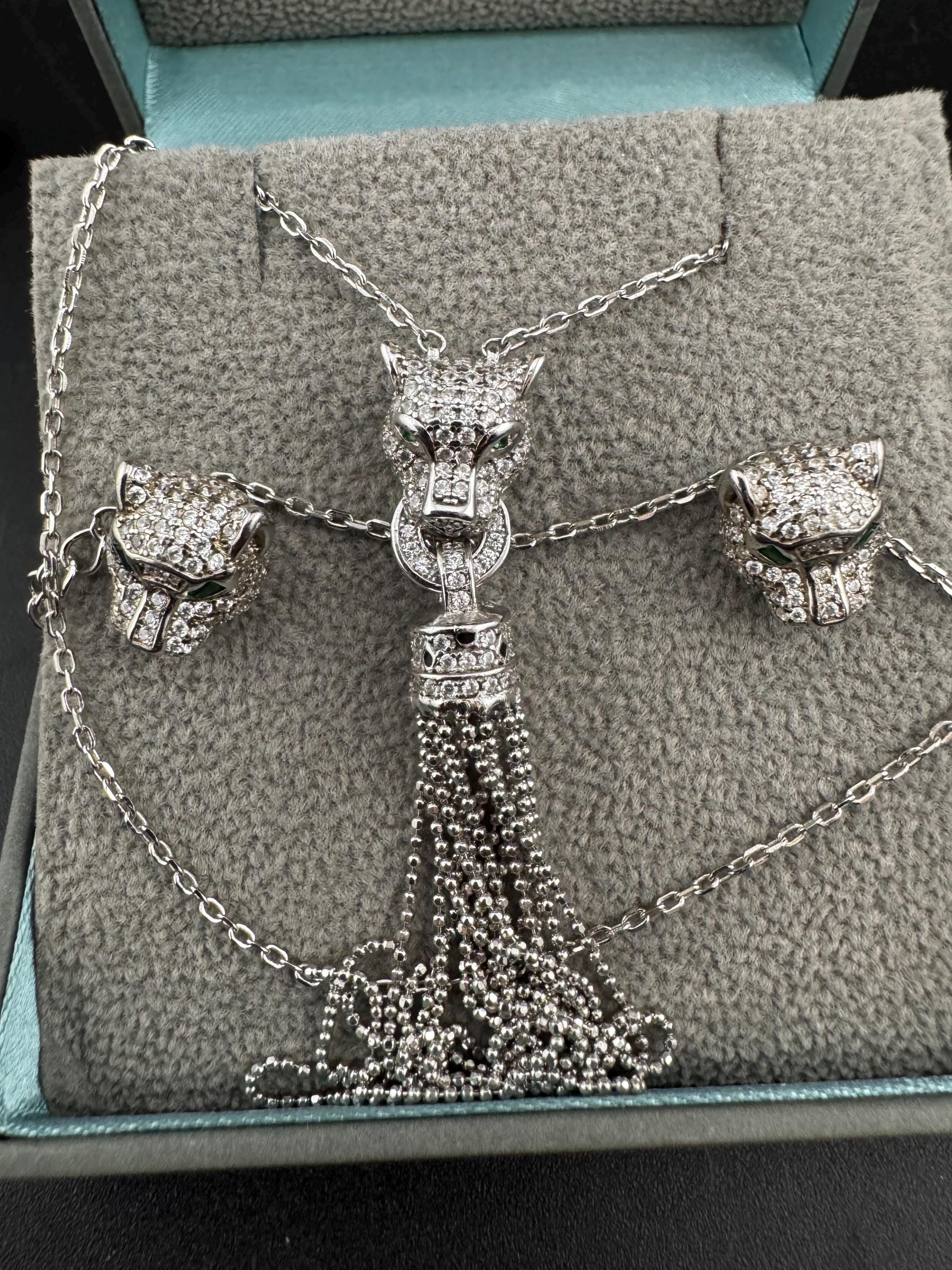 Retro Diamanté Leopard Necklace & Sterling Silver Tassel Earrings Set
