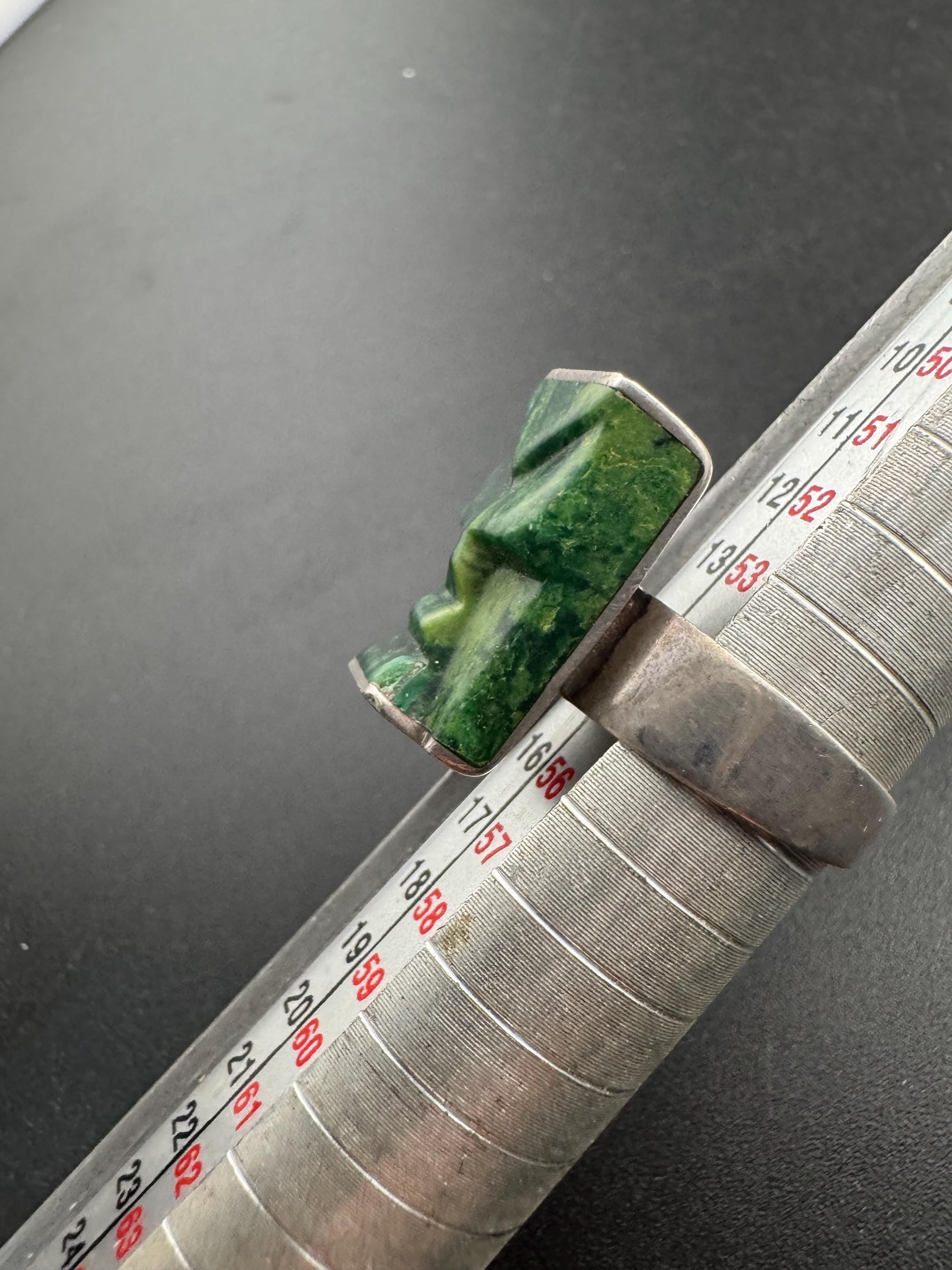 Vintage Sterling Silver South American Carved Green Jade malachite Face Statement Ring / Size 0