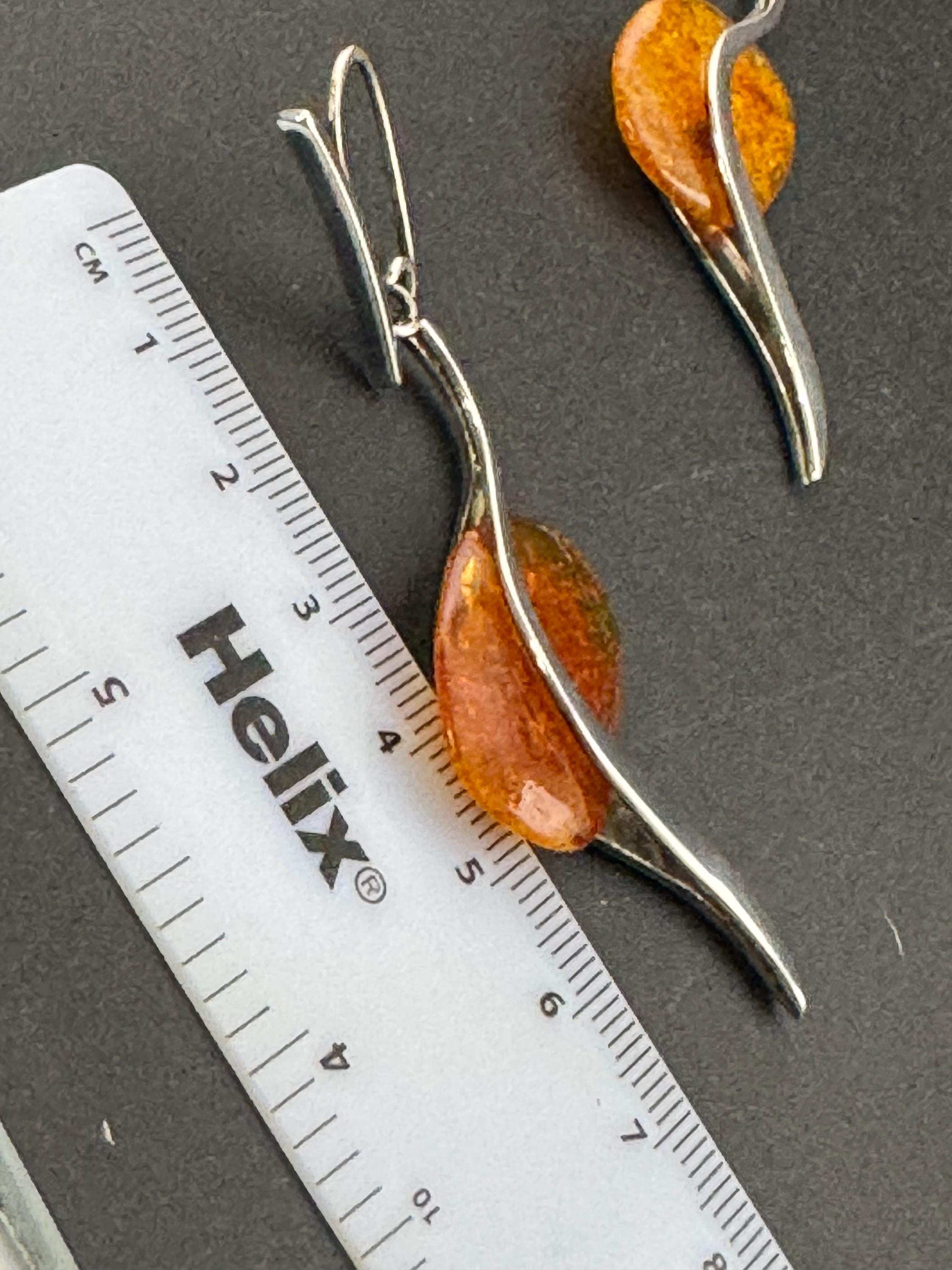 Oversized retro pair of Natural Amber sterling 925 silver drop dangle earrings for pierced ears 12.1grams 7.5cm long
