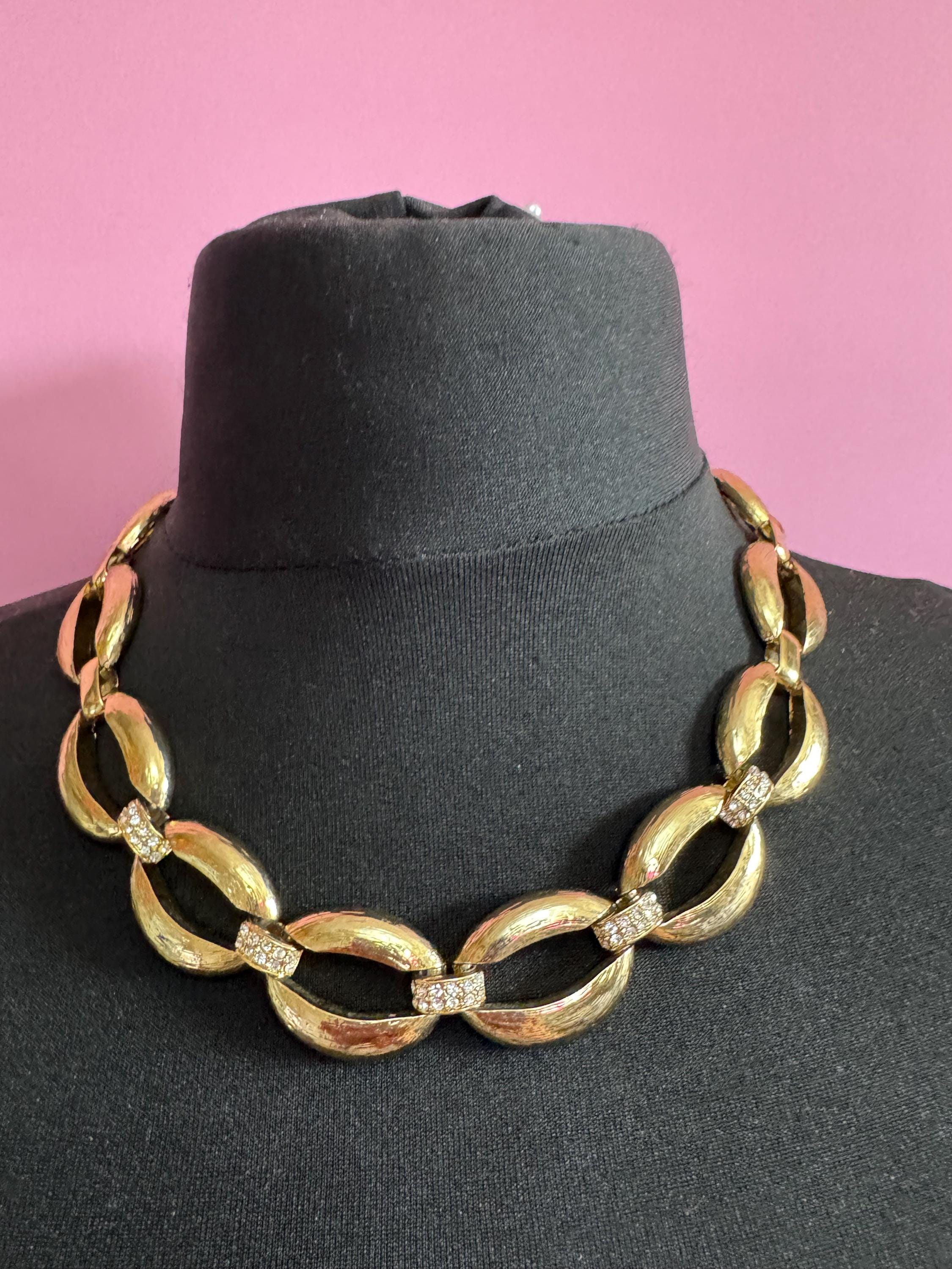 90s Gold Tone Diamanté Choker Necklace: Wide Curb Chain Link