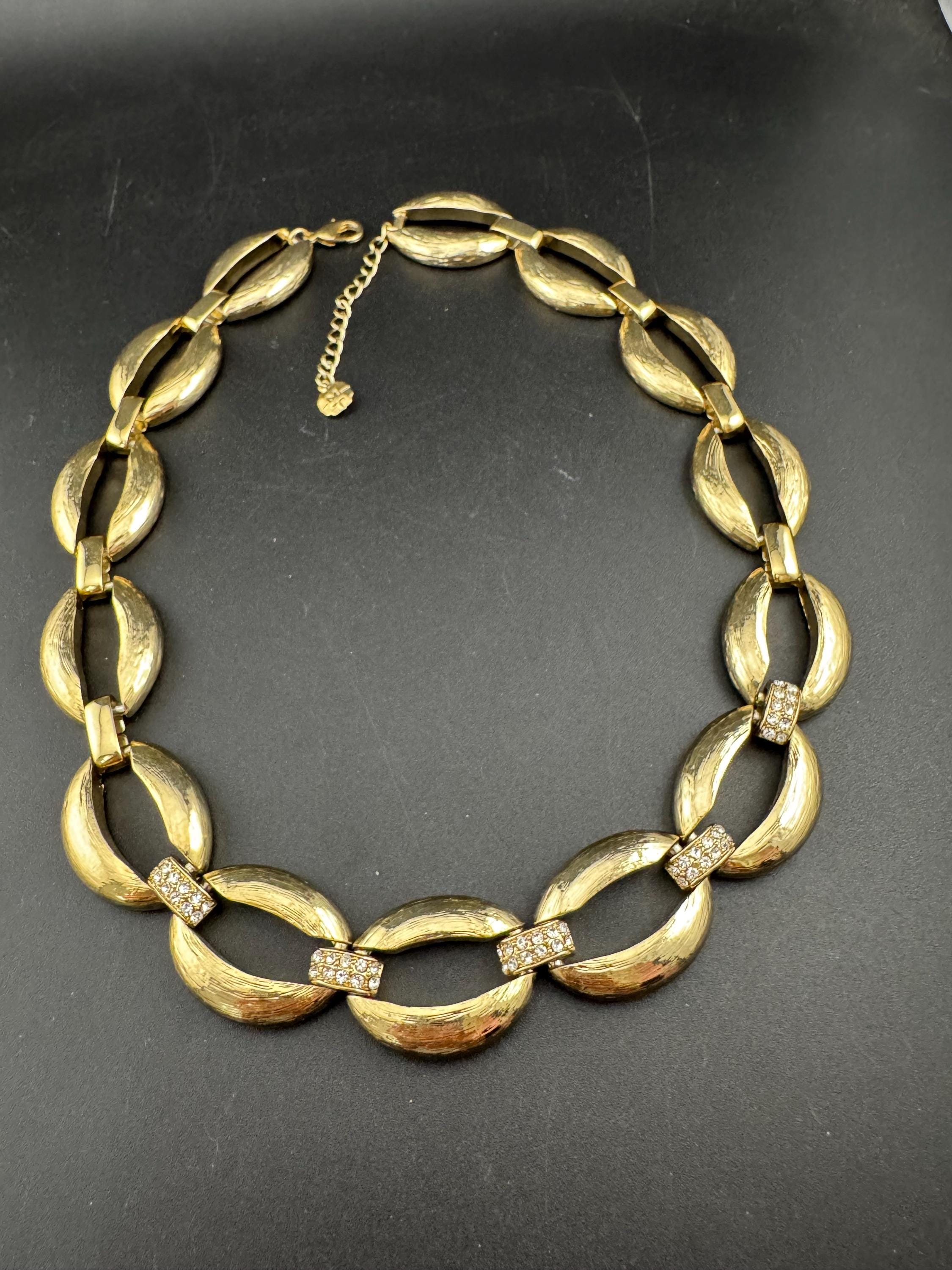 90s Gold Tone Diamanté Choker Necklace: Wide Curb Chain Link