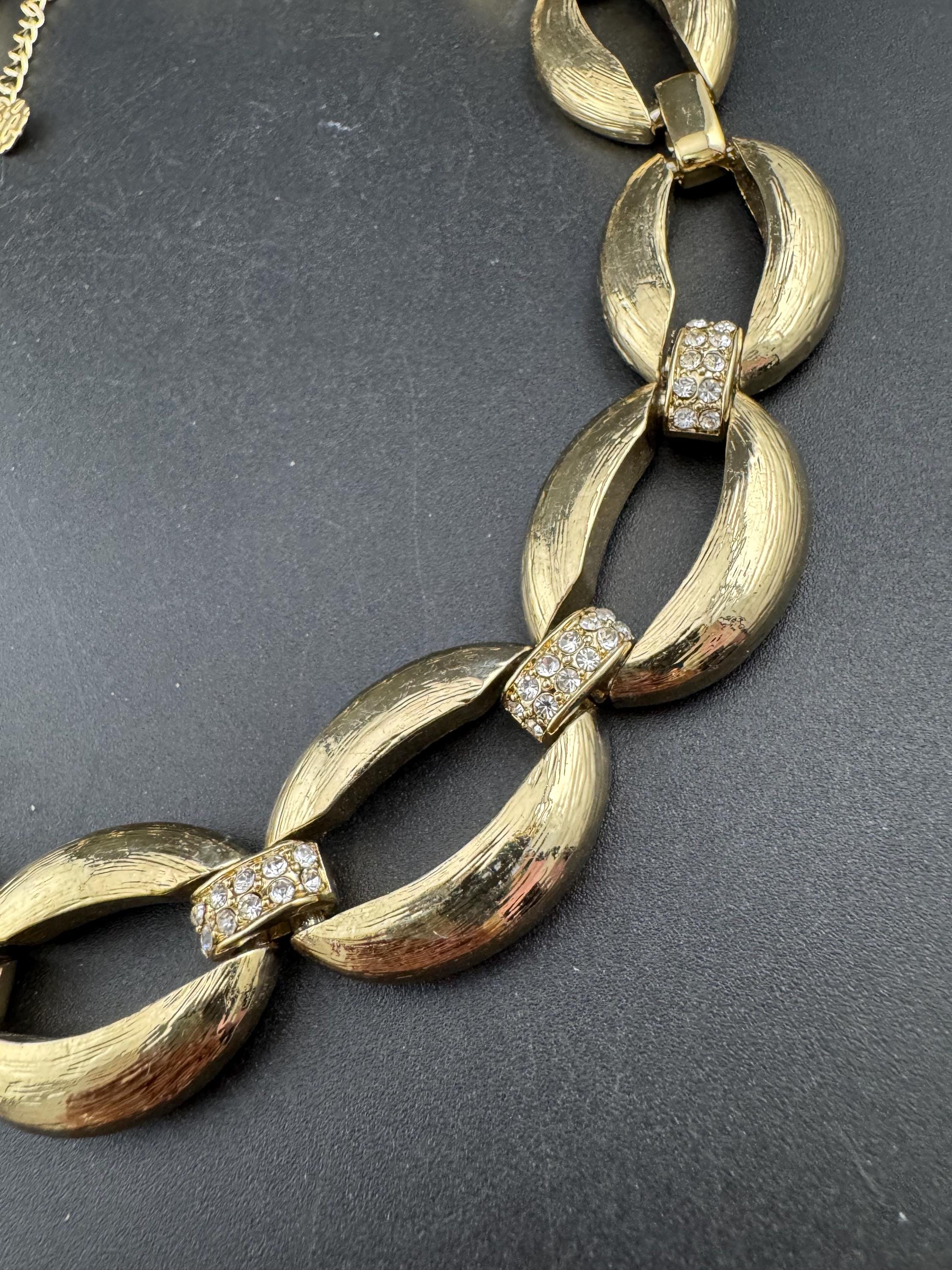 90s Gold Tone Diamanté Choker Necklace: Wide Curb Chain Link