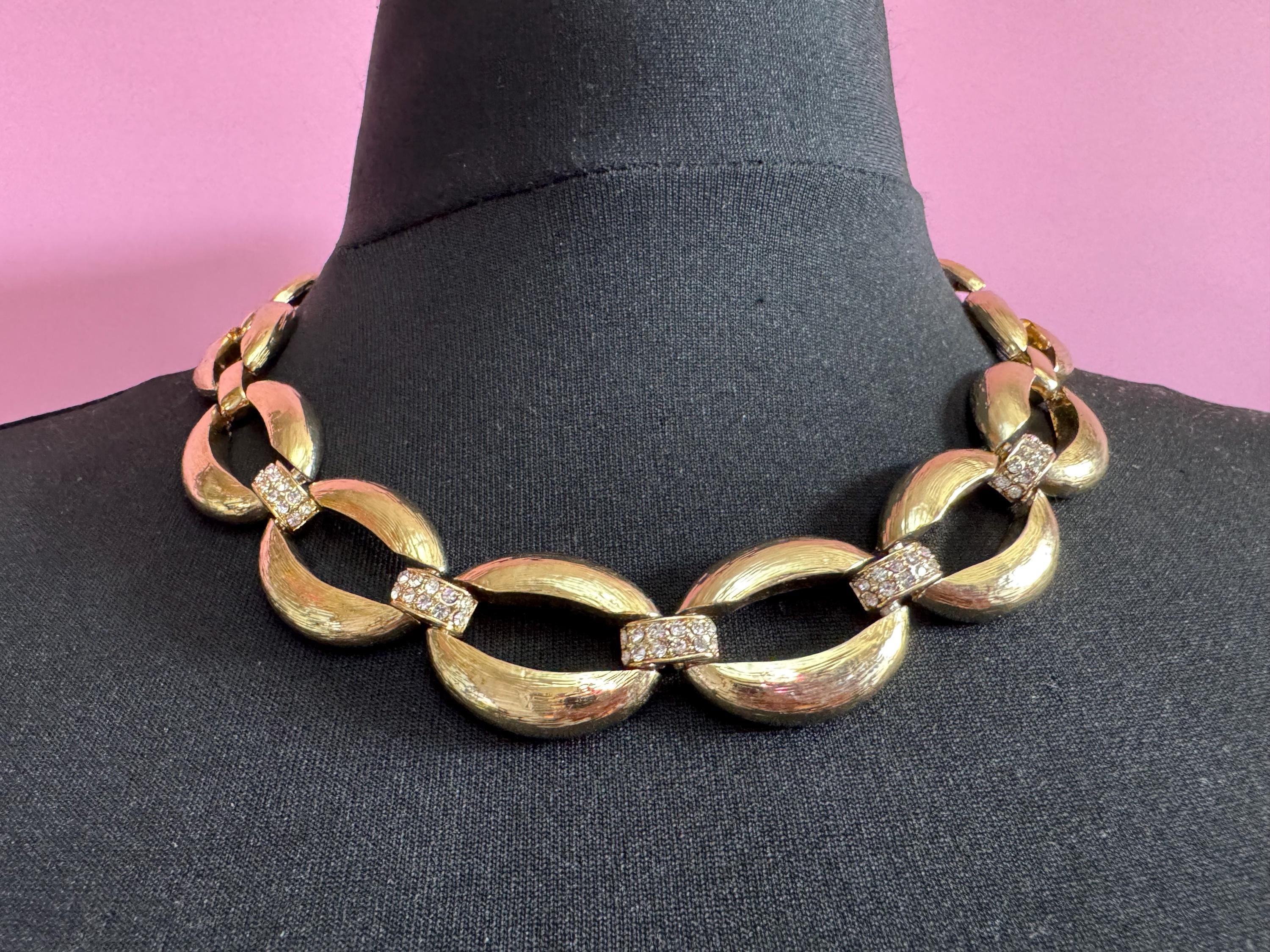 90s Gold Tone Diamanté Choker Necklace: Wide Curb Chain Link